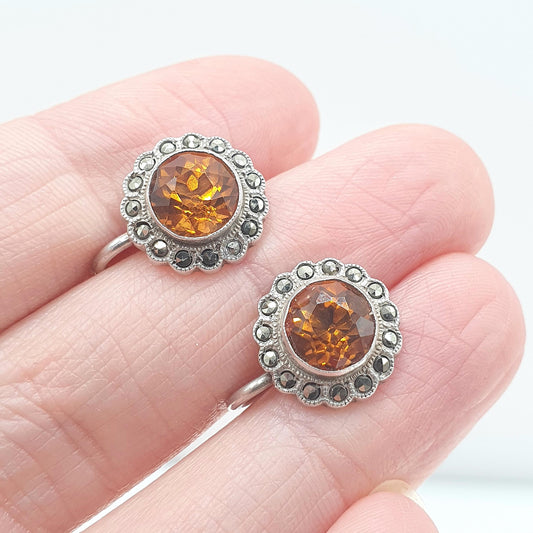 Antique Solid Silver Citrine & Marcasite Earrings Art Deco Flower Cluster Orange Quartz Gemstone Vintage Jewellery Jewelry