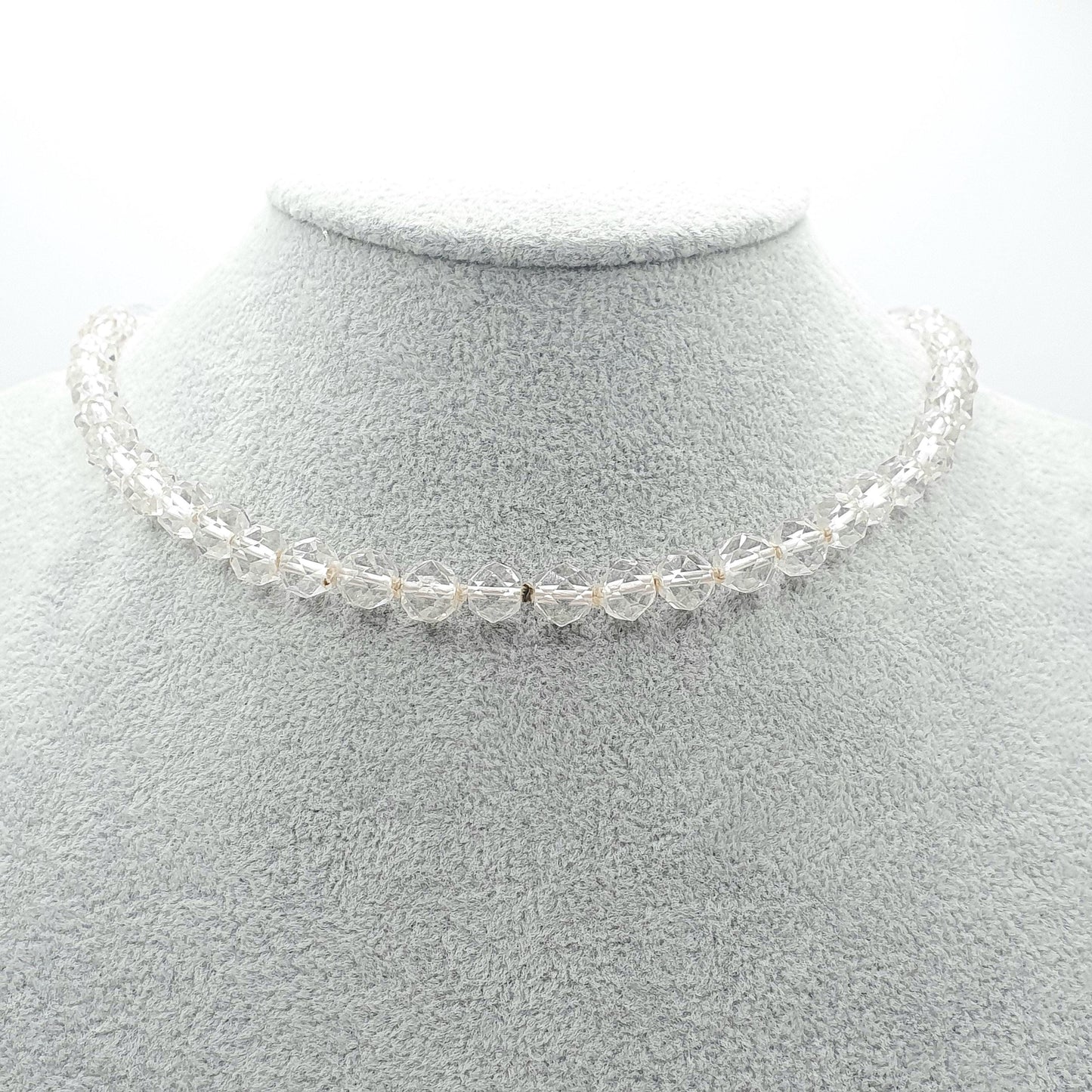 Antique Rock Crystal Bead Necklace Art Deco Sterling Silver Clasp Genuine White Quartz Gemstones 25.15g Faceted Beads Jewelry Jewellery