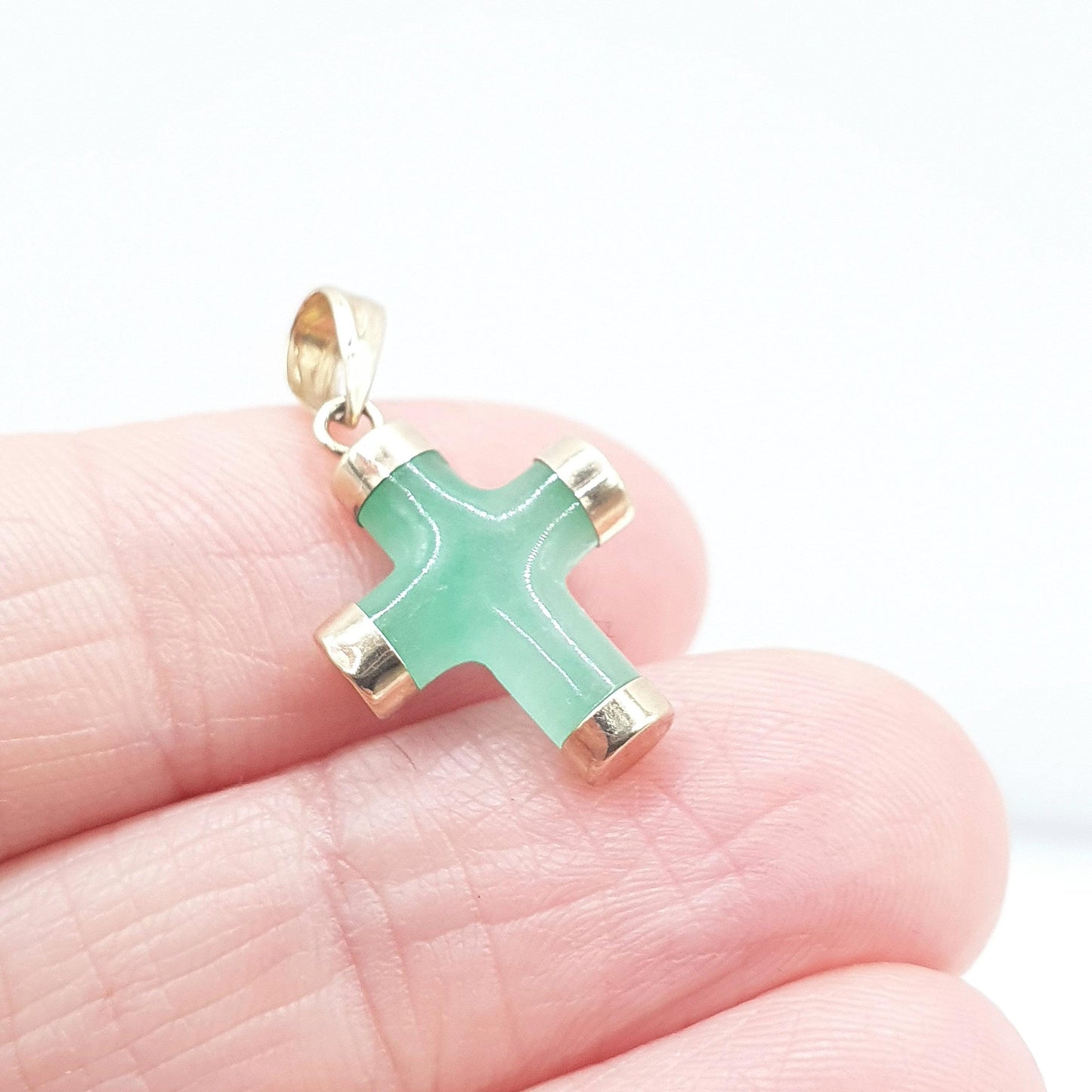 Vintage 9ct Gold Jade Crucifix Pendant Cross Necklace Solid 9k 9kt Small Green Jadeite Charm Women Unisex Jewelry Jewellery
