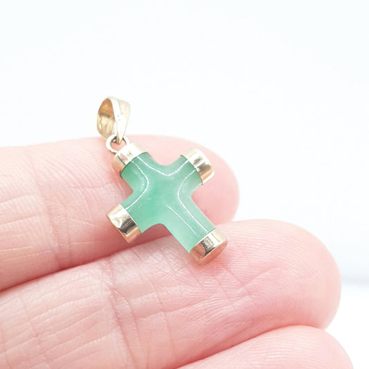 Vintage 9ct Gold Jade Crucifix Pendant Cross Necklace Solid 9k 9kt Small Green Jadeite Charm Women Unisex Jewelry Jewellery