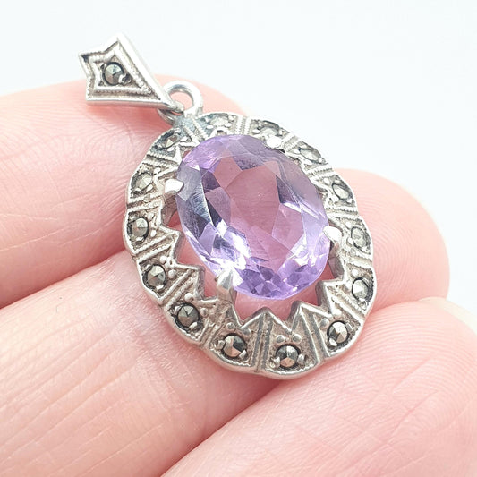 Antique Art Deco Solid Silver Amethyst Pendant Marcasite Border Oval Cut Purple Quartz Gemstone Necklace Womens Jewellery Jewelry