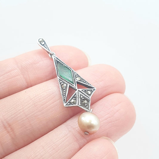 Antique Art Deco Sterling Silver Chrysoprase Cultured Pearl Pendant Marcasite Kite Cut Green Gemstone Womens Ladies Jewelry Jewellery