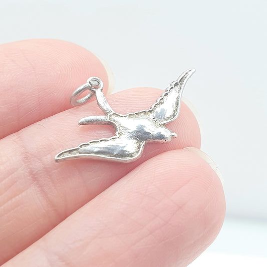 Antique Victorian Solid Silver Bird Charm Pendant Songbird Swallow Small Gift Cute Unisex Vintage Womens Necklace Jewellery Jewelry