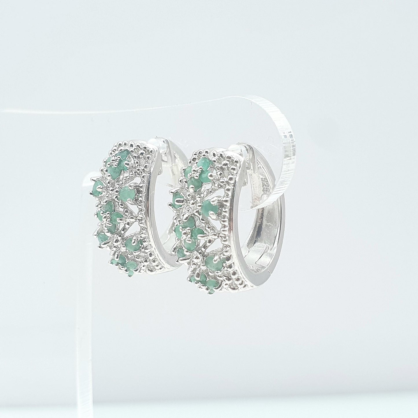 RESERVED/SOLD DON Vintage Sterling Silver Emerald Hoop Earrings Genuine Emeralds Modernist Green Gemstone