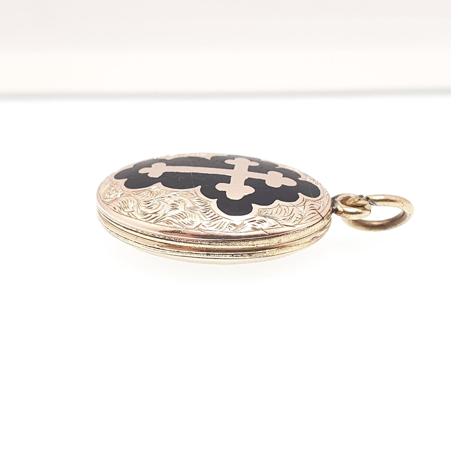 Antique Victorian 9ct 9k Gold Locket Black Enamel Bulbed Crucifix Cross Necklace Pendant Solid Back & Front Picture Womens Jewelry Jewellery