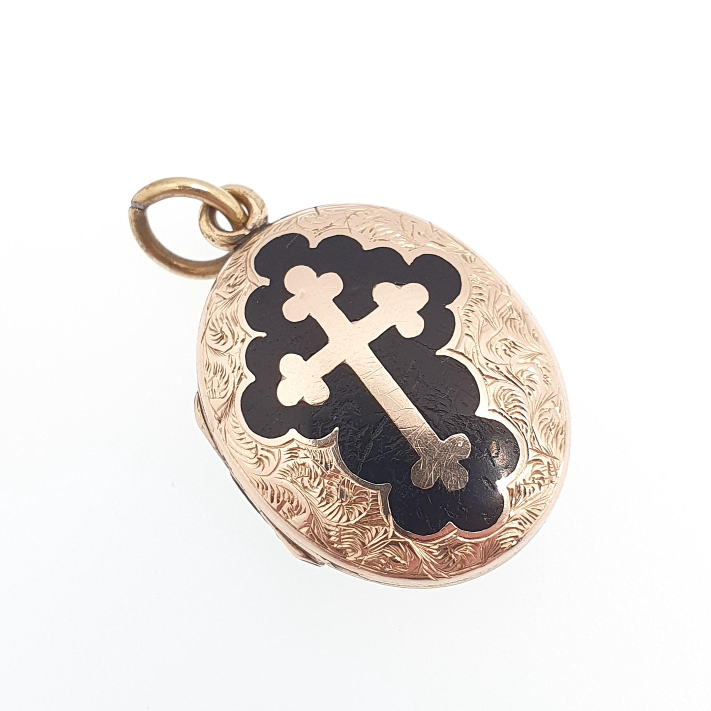 Antique Victorian 9ct 9k Gold Locket Black Enamel Bulbed Crucifix Cross Necklace Pendant Solid Back & Front Picture Womens Jewelry Jewellery