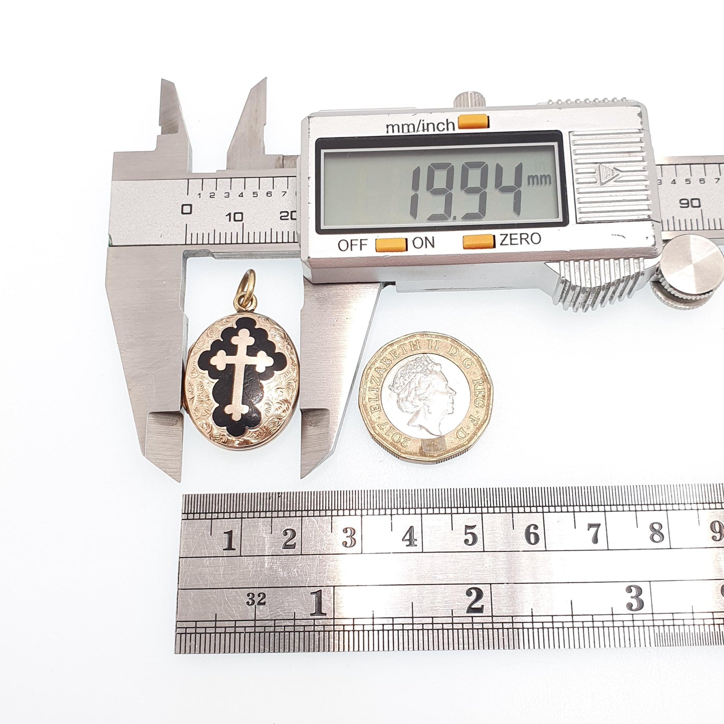 Antique Victorian 9ct 9k Gold Locket Black Enamel Bulbed Crucifix Cross Necklace Pendant Solid Back & Front Picture Womens Jewelry Jewellery