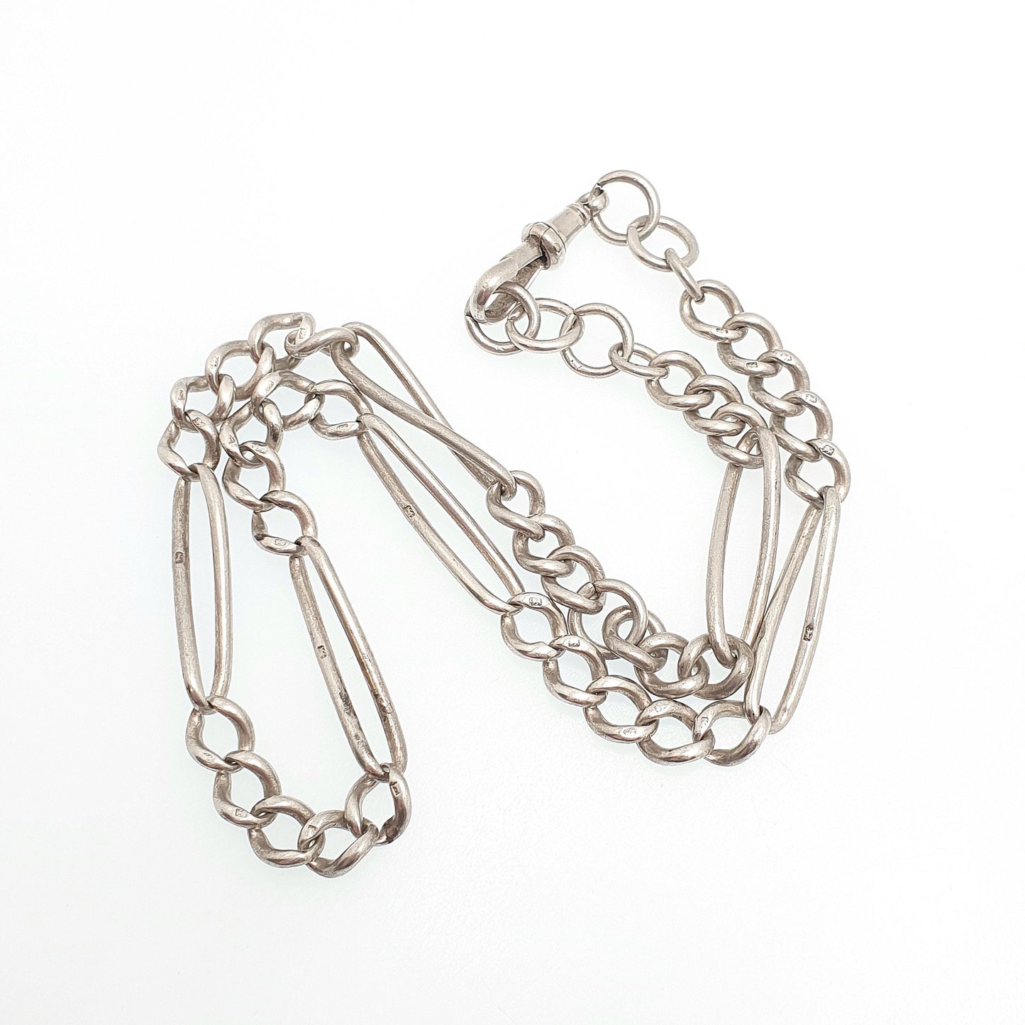 Antique Victorian Sterling Silver Albert Chain Necklace Figaro Curb Link Twisted 45cm 34.49g Dog Clip Long Old Vintage