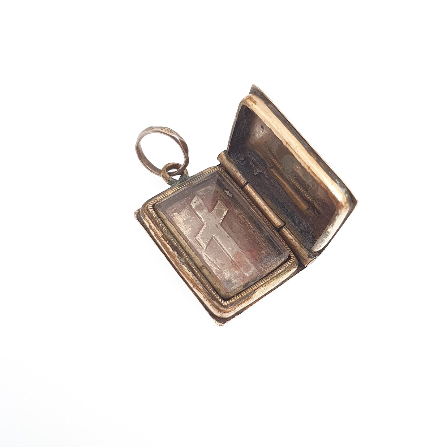 Antique 9ct 9k Gold Book Locket Pendant Victorian Crucifix Blue Enamel Solid 375 Back & Front Picture Photo Vintage Necklace