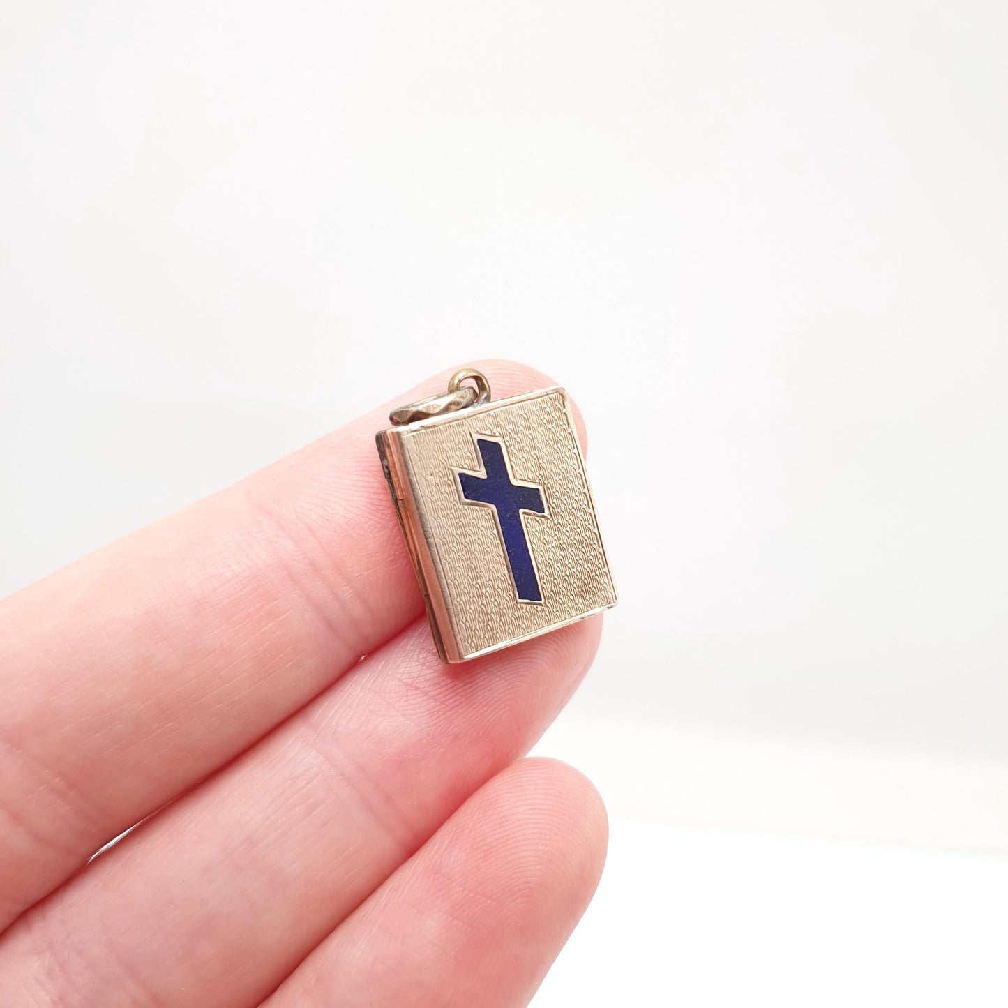 Antique 9ct 9k Gold Book Locket Pendant Victorian Crucifix Blue Enamel Solid 375 Back & Front Picture Photo Vintage Necklace