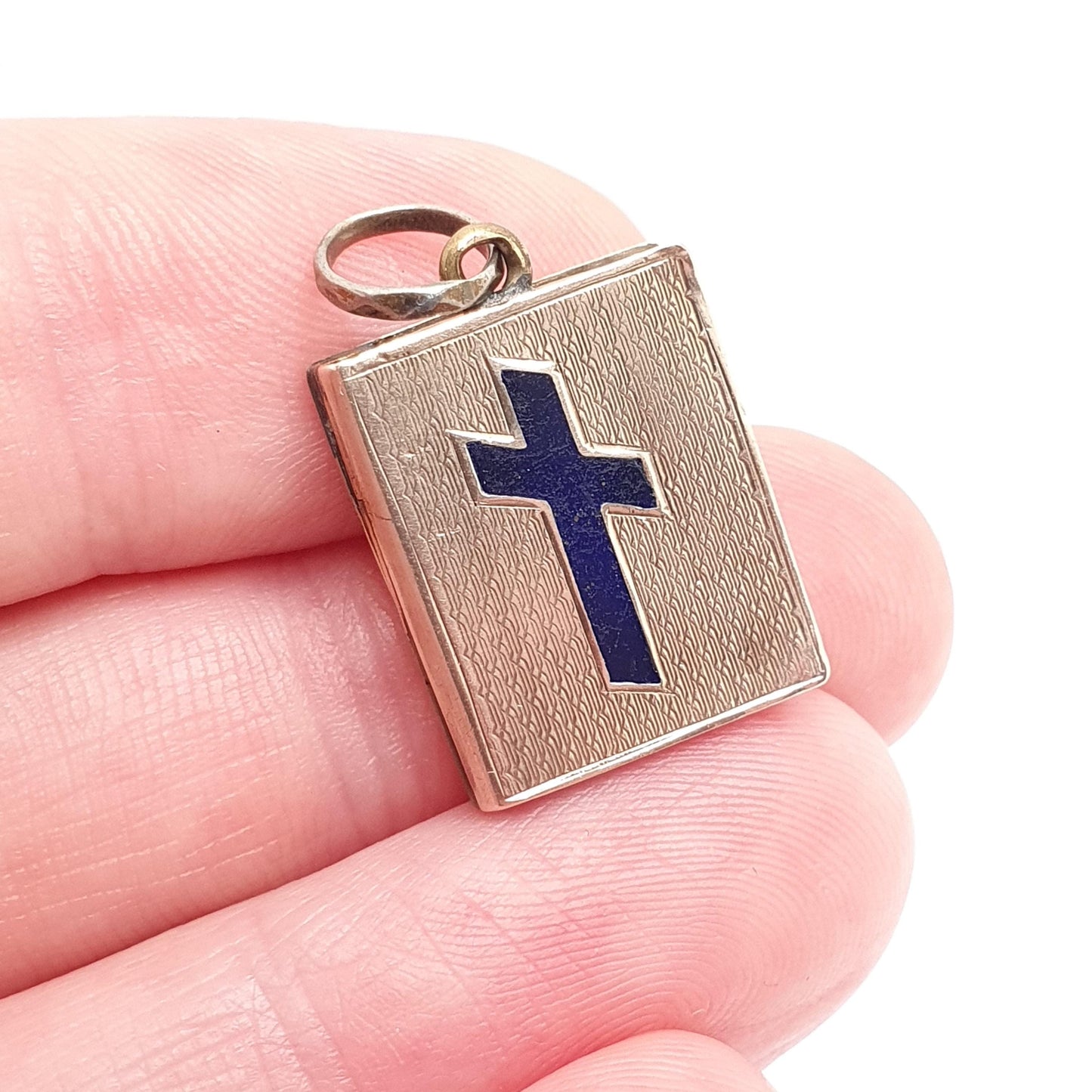 Antique 9ct 9k Gold Book Locket Pendant Victorian Crucifix Blue Enamel Solid 375 Back & Front Picture Photo Vintage Necklace