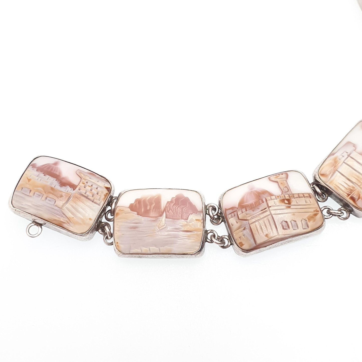 Vintage Sterling Silver Cameo Bracelet Handmade Italian Shell Hand Carved Solid 925 21.32g Womens Italy Jewelry Jewellery
