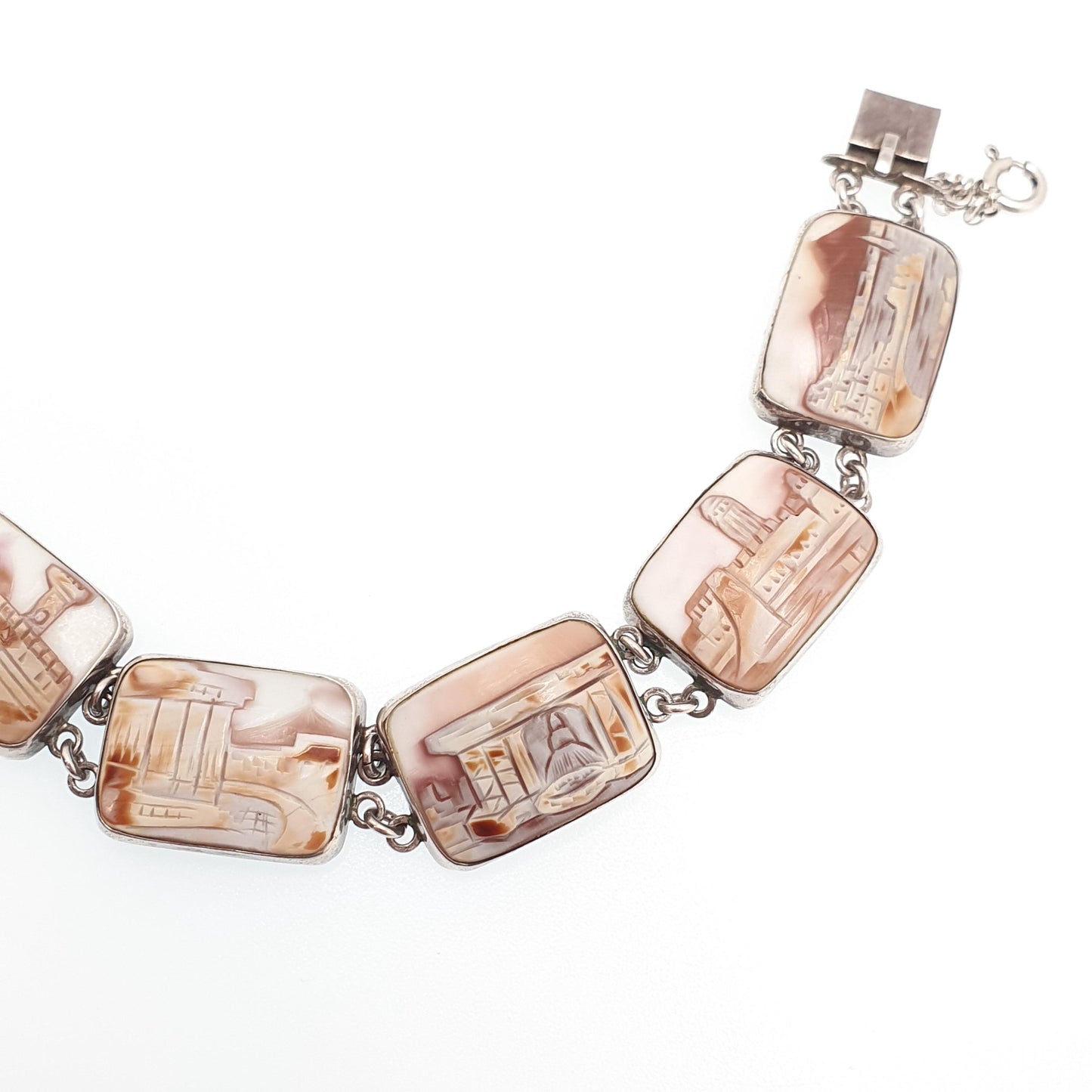 Vintage Sterling Silver Cameo Bracelet Handmade Italian Shell Hand Carved Solid 925 21.32g Womens Italy Jewelry Jewellery