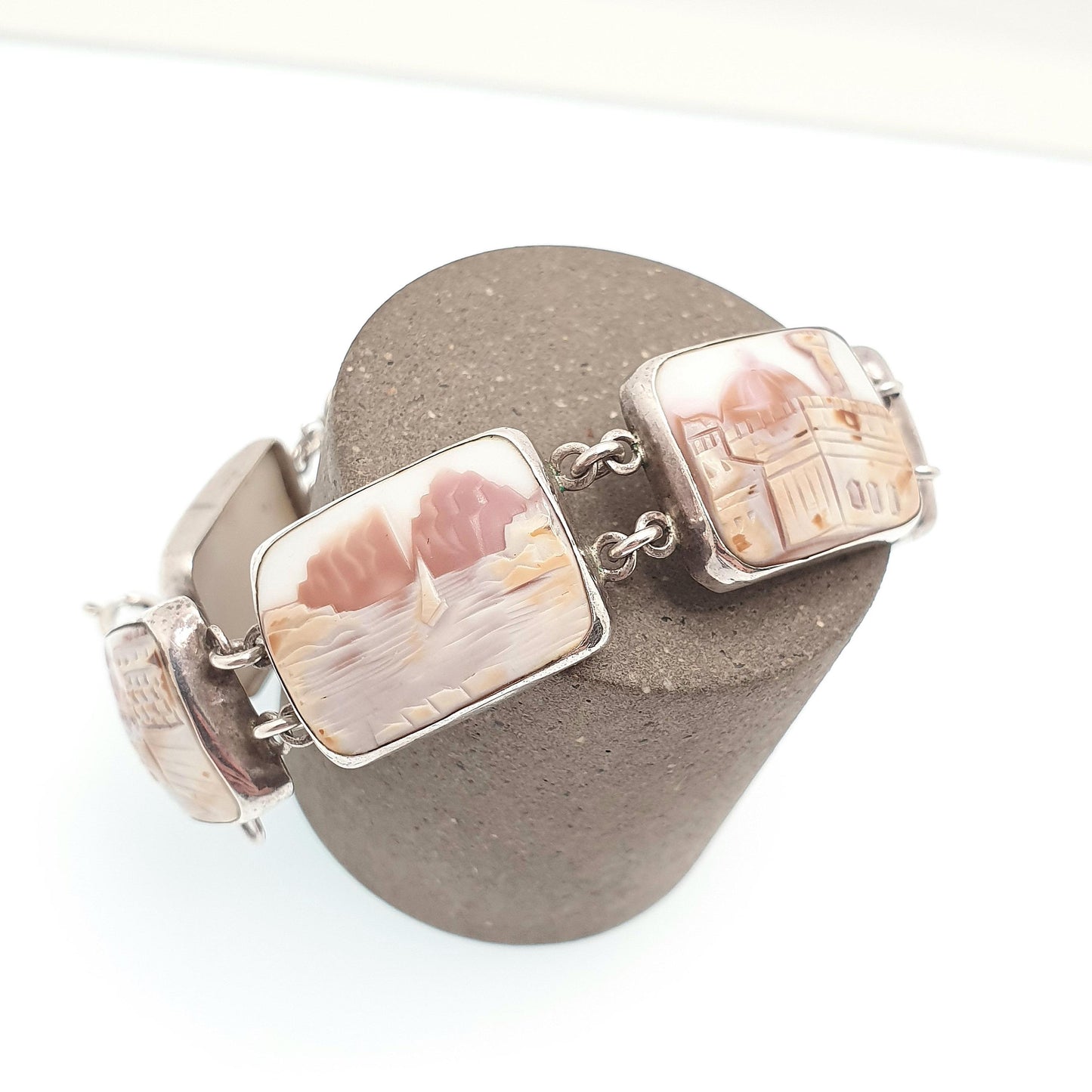 Vintage Sterling Silver Cameo Bracelet Handmade Italian Shell Hand Carved Solid 925 21.32g Womens Italy Jewelry Jewellery