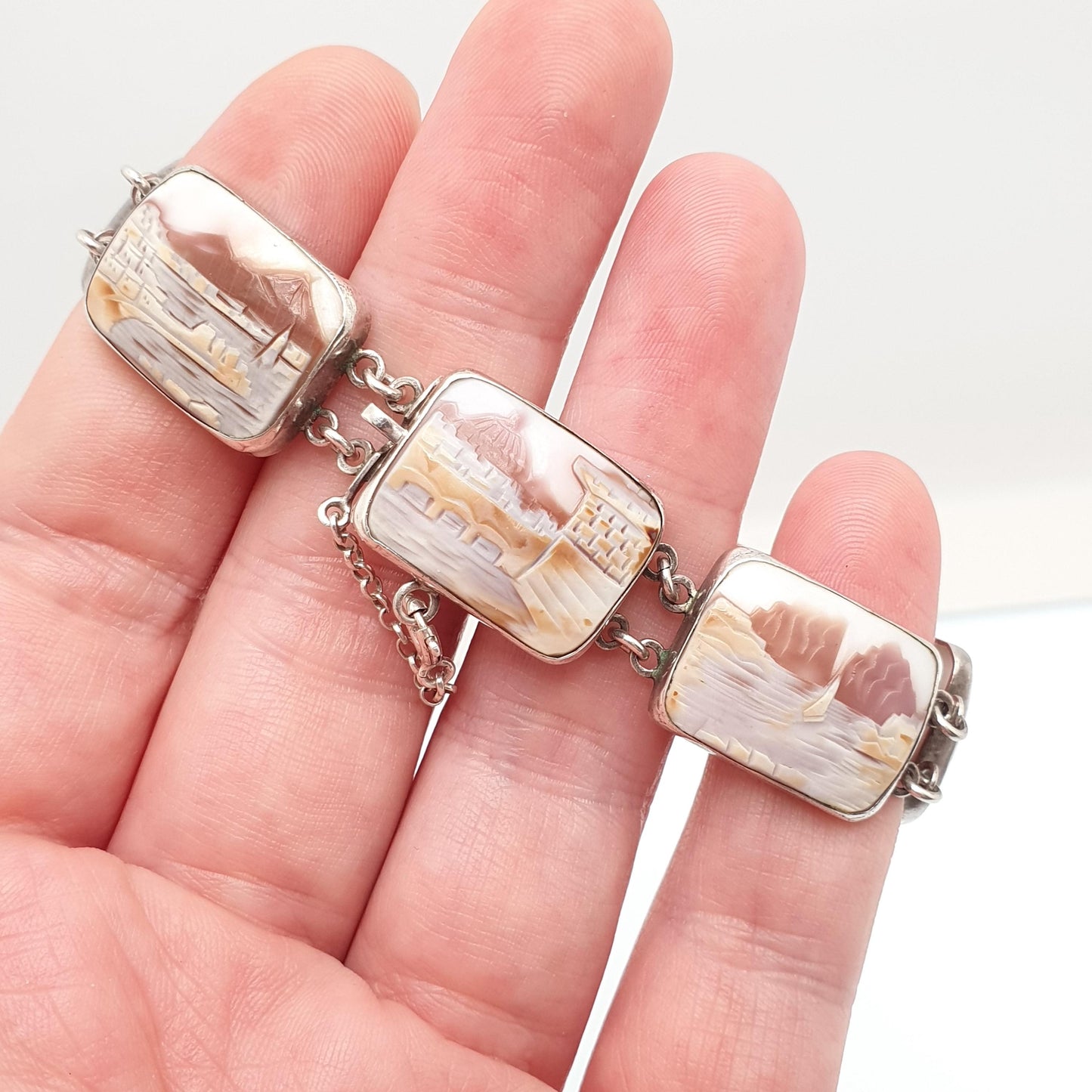 Vintage Sterling Silver Cameo Bracelet Handmade Italian Shell Hand Carved Solid 925 21.32g Womens Italy Jewelry Jewellery