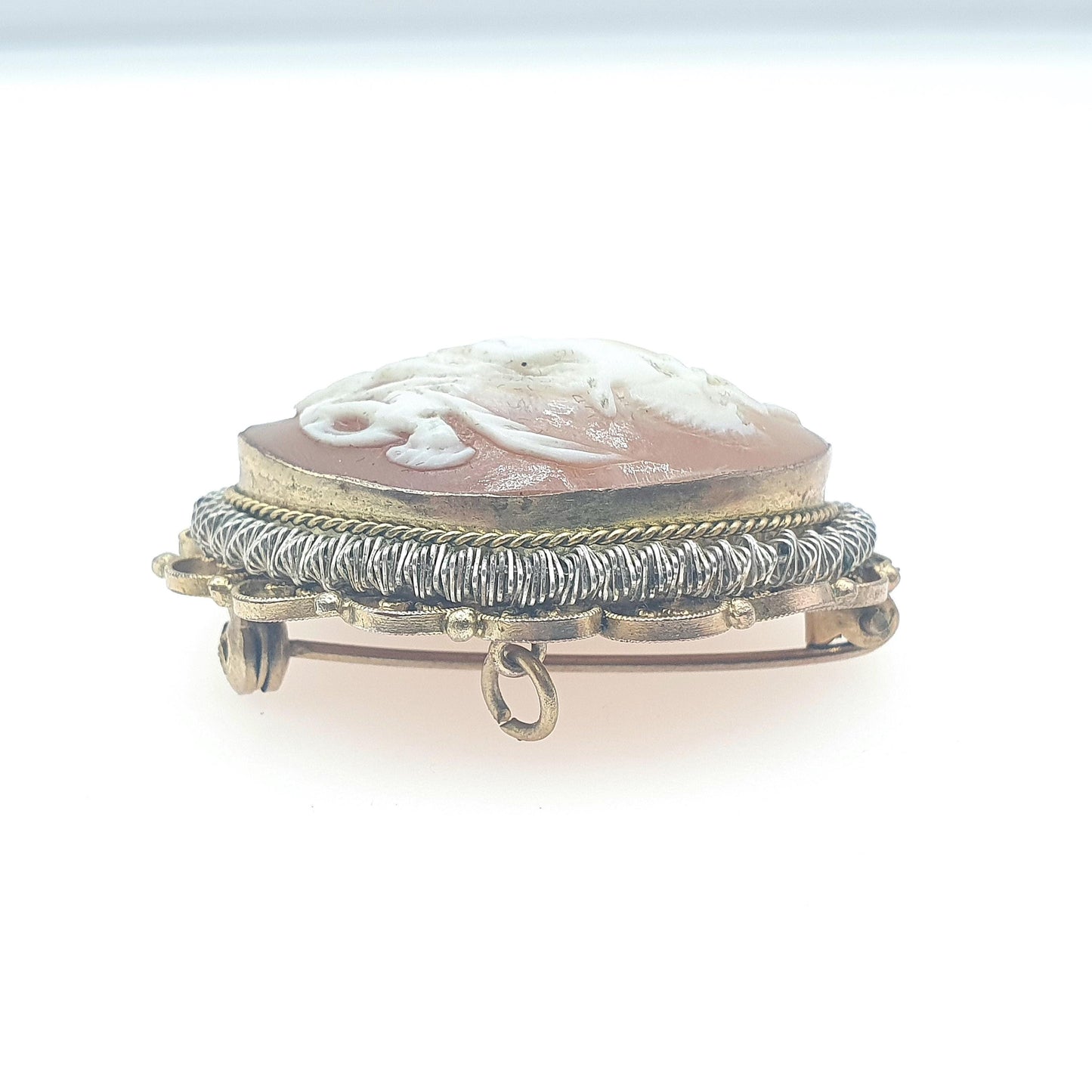 Antique Horse & Chariot Cameo Brooch Gold Gilt Filigree Art Deco Hand Carved Shell Roman Centurion Womens Jewelry Jewellery Vintage