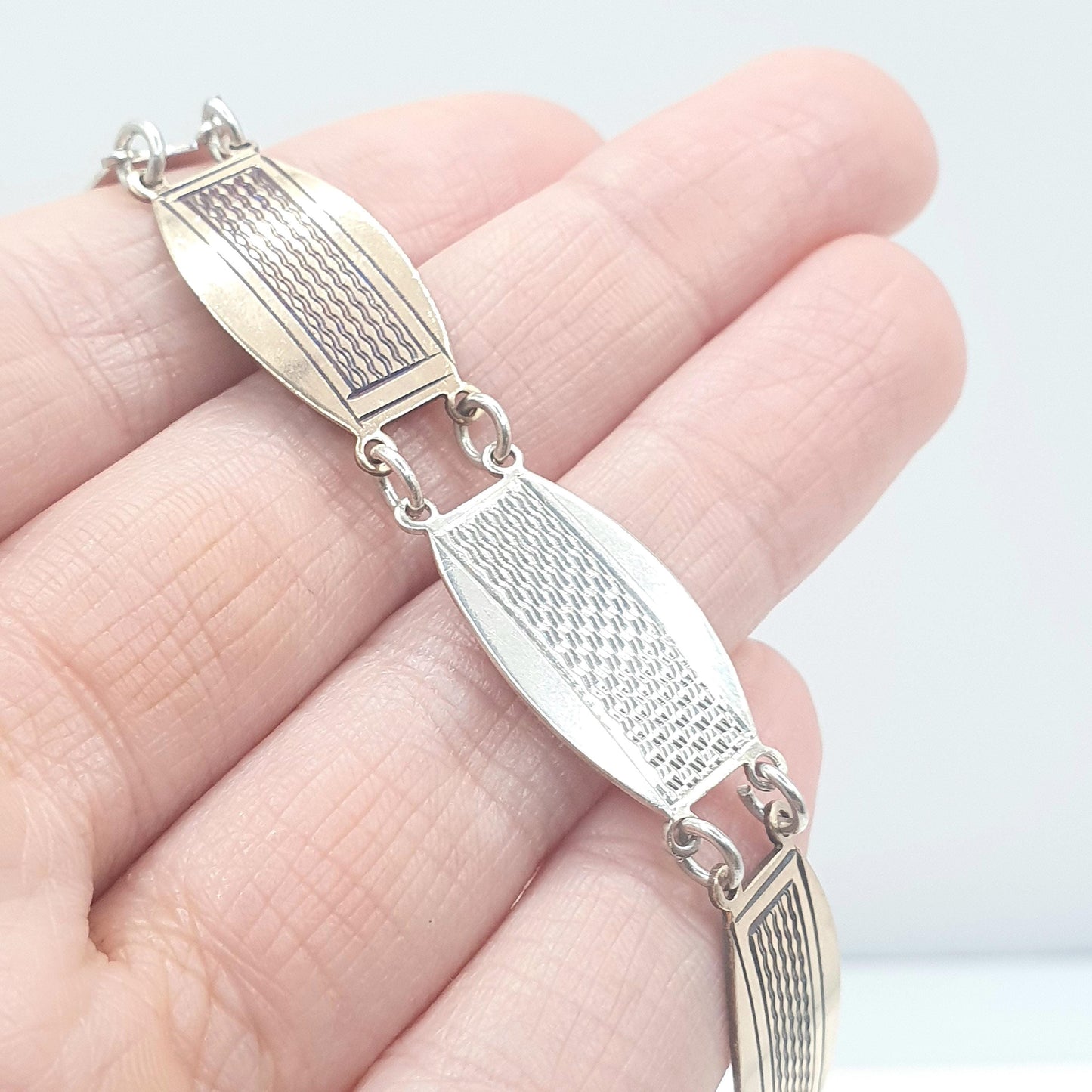 Antique Art Deco Solid Silver & Rolled Gold Bracelet Engine Turned Geometric Pattern Vintage Womens Unisex Jewellery Jewelry