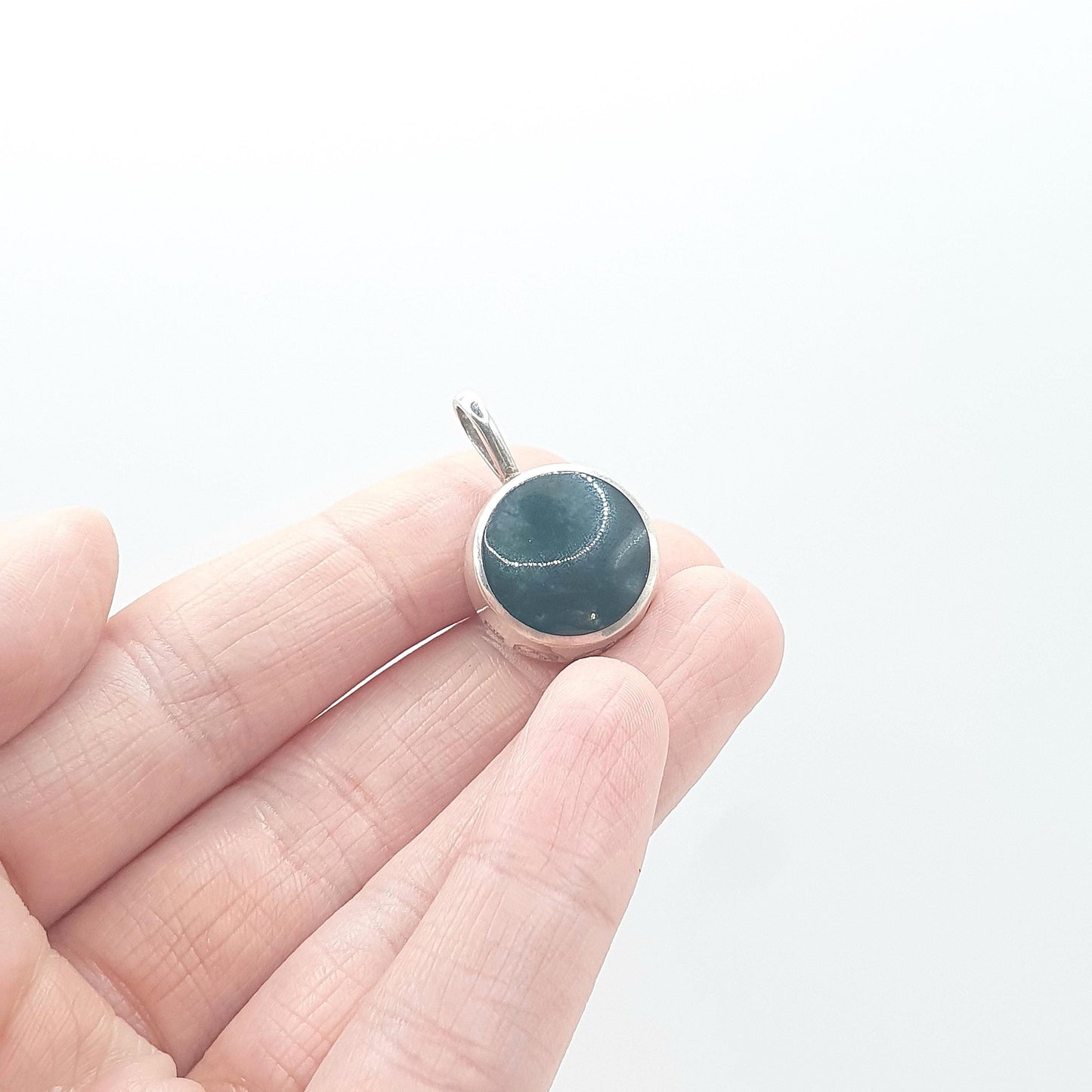 Vintage Sterling Silver Moss Agate Tiger Eye Pendant Necklace Round Fob Style Quartz Gemstones Womens Unisex Jewelry Jewellery