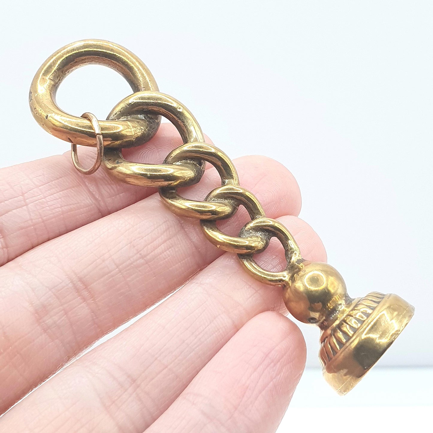 Antique Victorian Brass Letter Seal Pendant Curb Link Intaglio Initial "B" Gold Tone Base Met Stamp Vintage Unisex Womens Jewelry Jewellery
