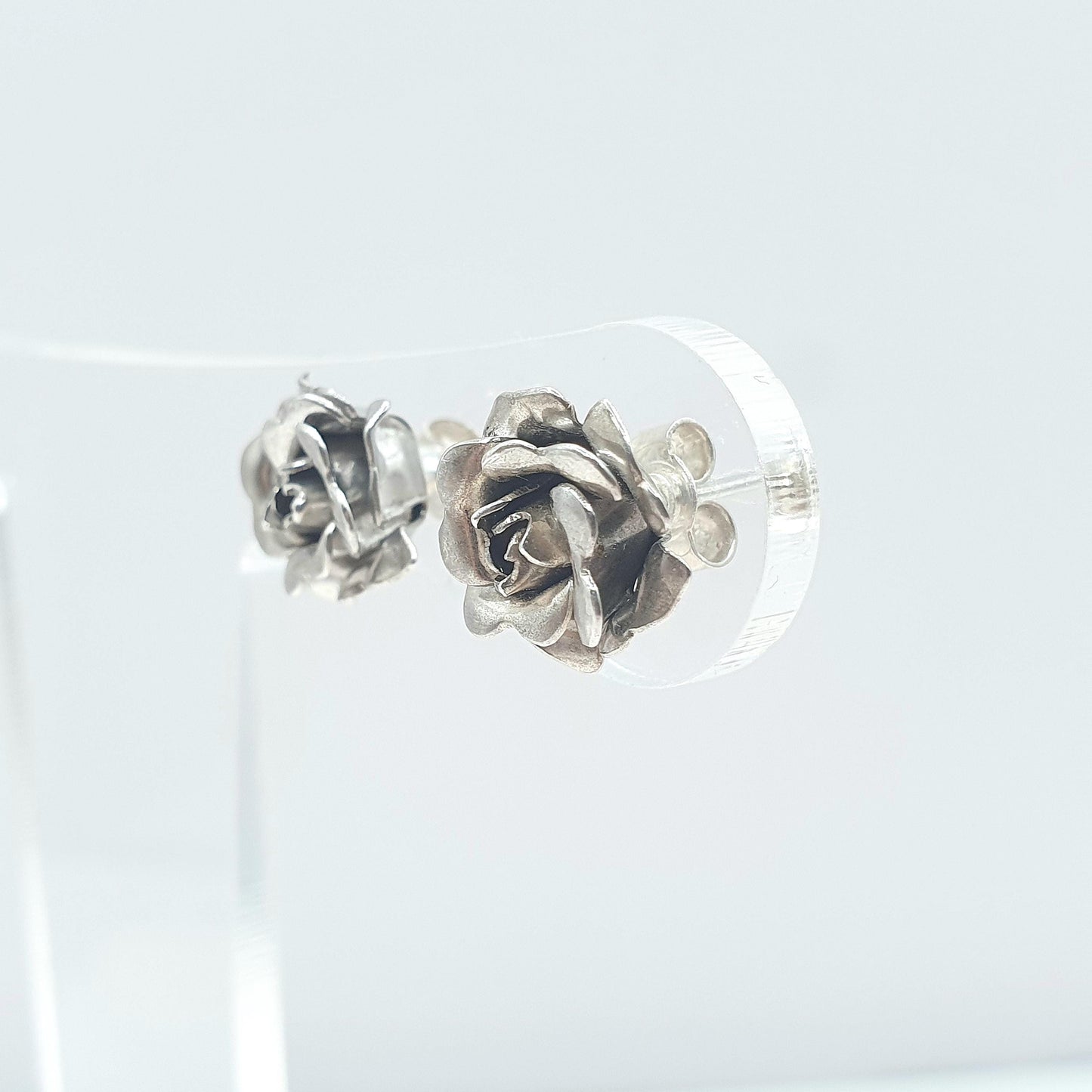 RESERVED/SOLD DON Vintage Solid Silver Rose Flower Stud Earrings Handmade Floral Bloom Rosebuds Sweet Gift
