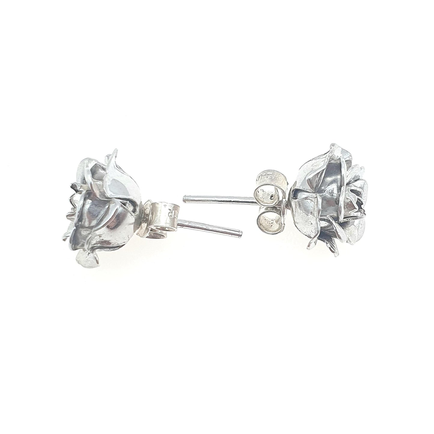 RESERVED/SOLD DON Vintage Solid Silver Rose Flower Stud Earrings Handmade Floral Bloom Rosebuds Sweet Gift