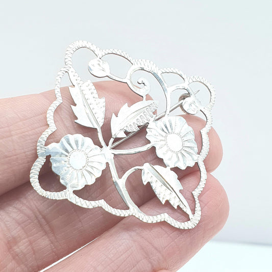 Antique Victorian Solid Silver Flower Brooch Handmade Floral Daisy Square Cut Out Vintage Unisex  Womens Jewellery Jewelry