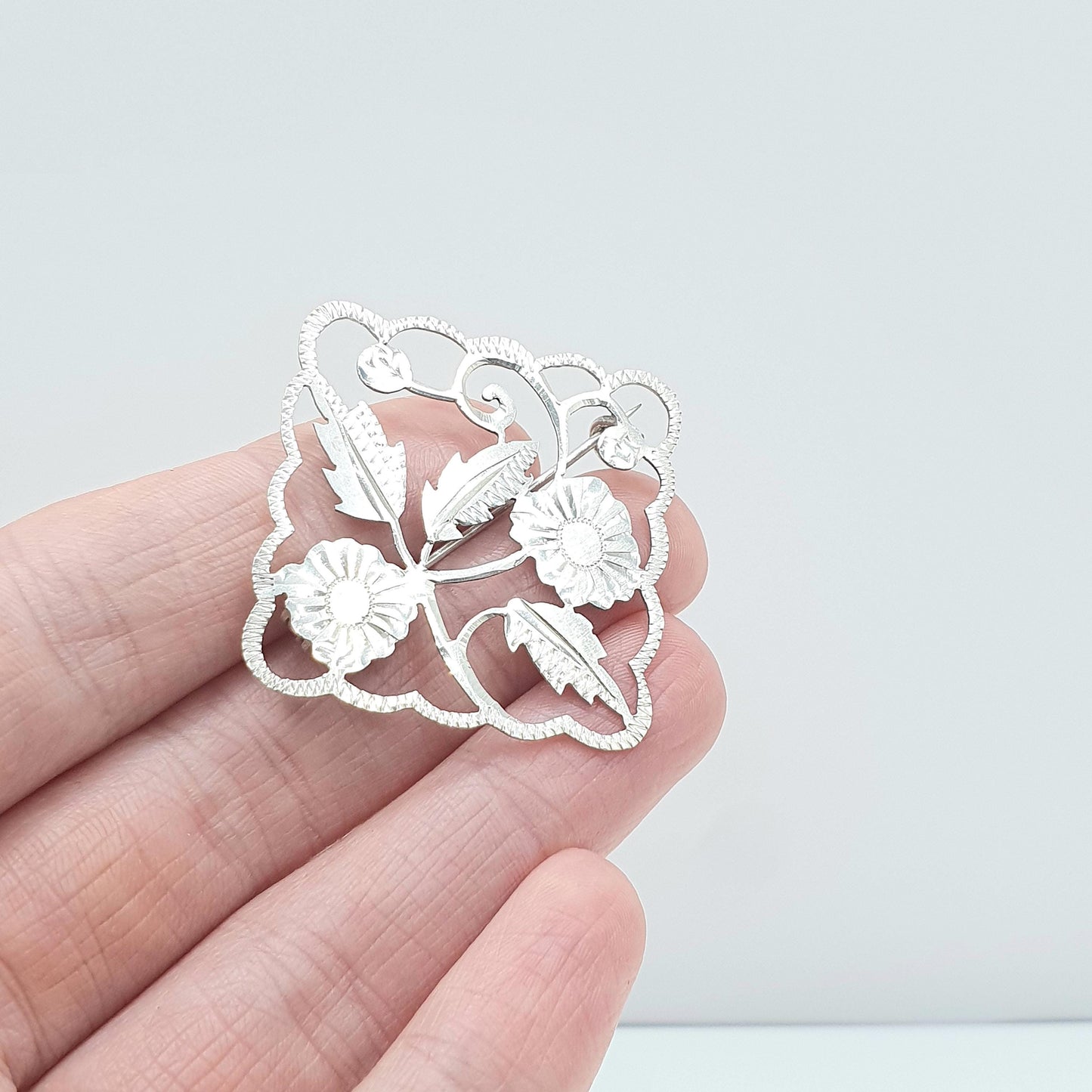 Antique Victorian Solid Silver Flower Brooch Handmade Floral Daisy Square Cut Out Vintage Unisex  Womens Jewellery Jewelry