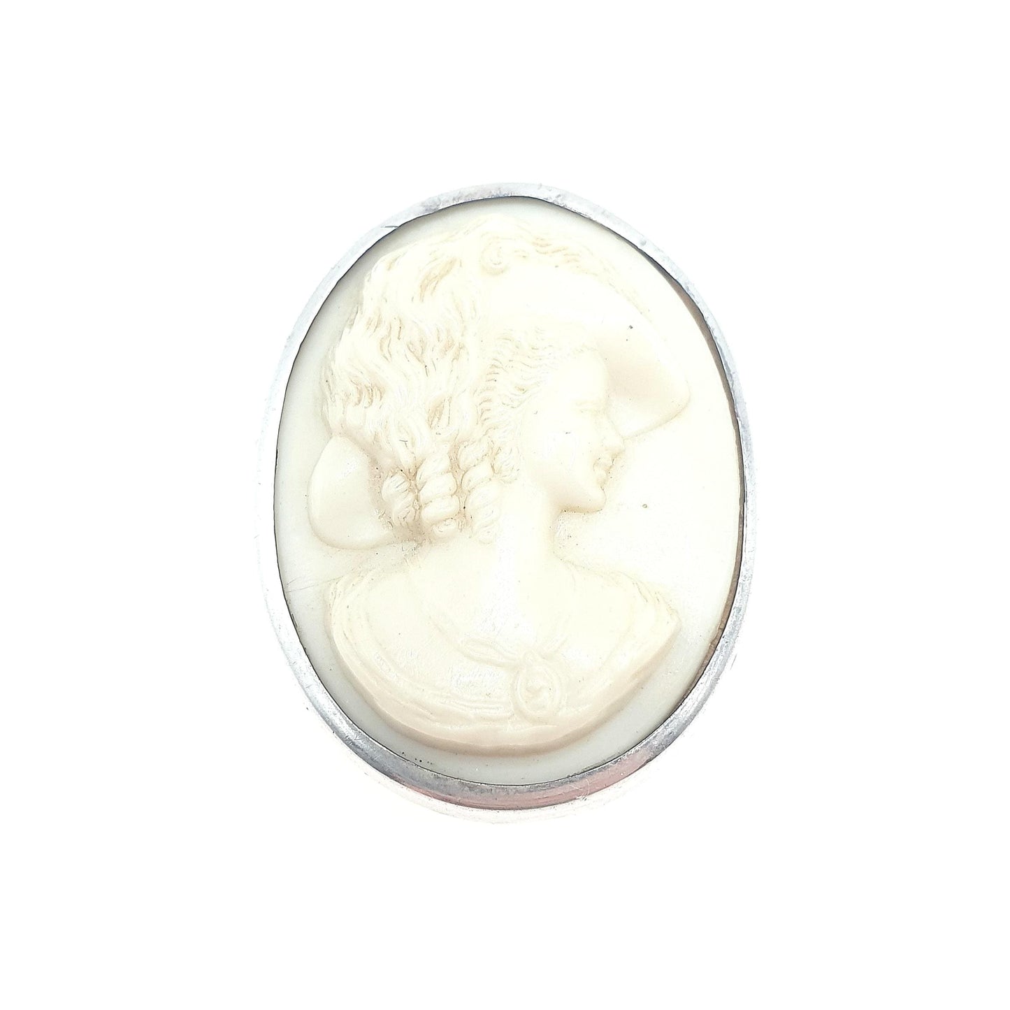 Old Vintage Sterling Silver Faux Cameo Brooch CHARLES HORNER Woman Hat Early Plastic Mould C.H Womens Unisex Jewelry Jewellery
