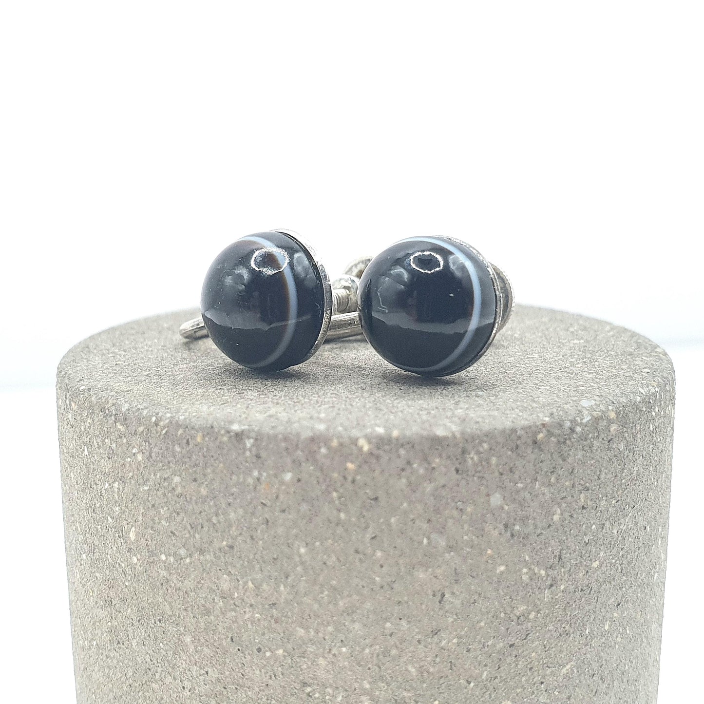 Antique Victorian Solid Silver Bulls Eye Agate Earrings Black Dark Quartz Gemstone Screw Back Small Jewelry Jewellery Unisex Womens