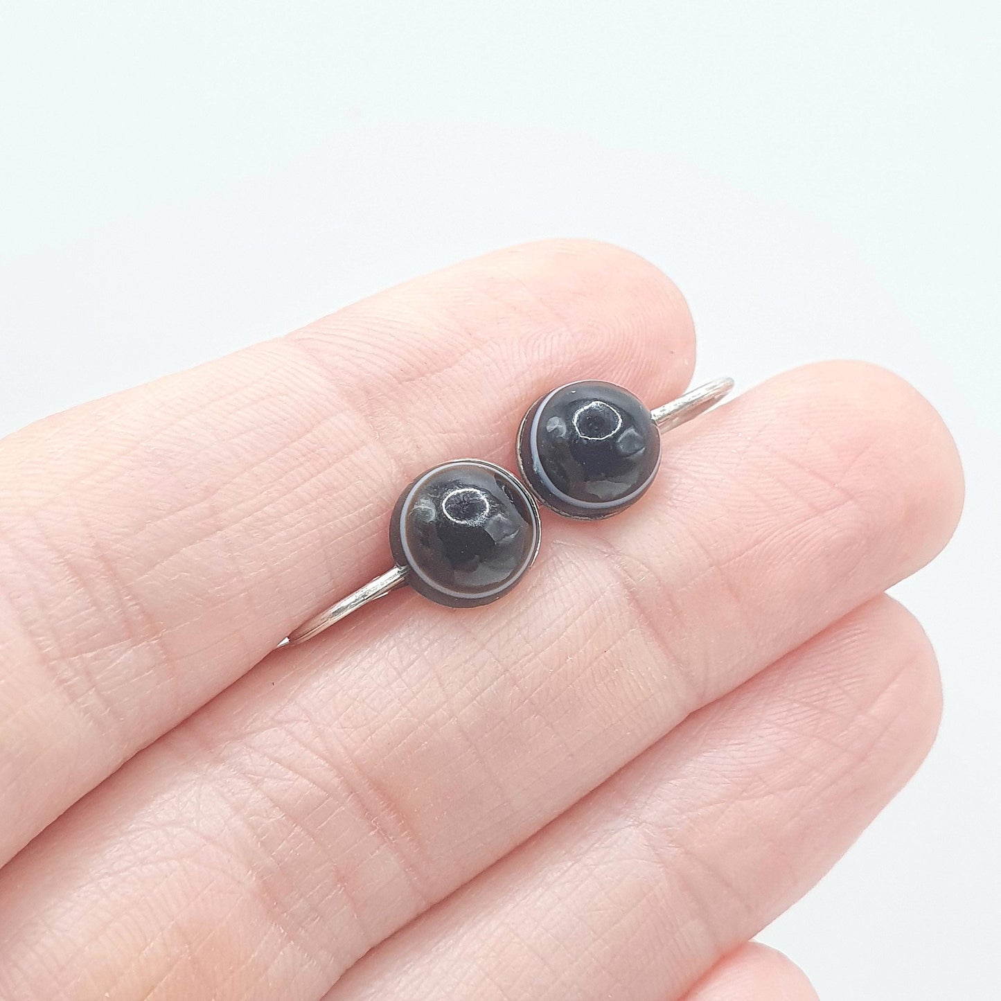 Antique Victorian Solid Silver Bulls Eye Agate Earrings Black Dark Quartz Gemstone Screw Back Small Jewelry Jewellery Unisex Womens