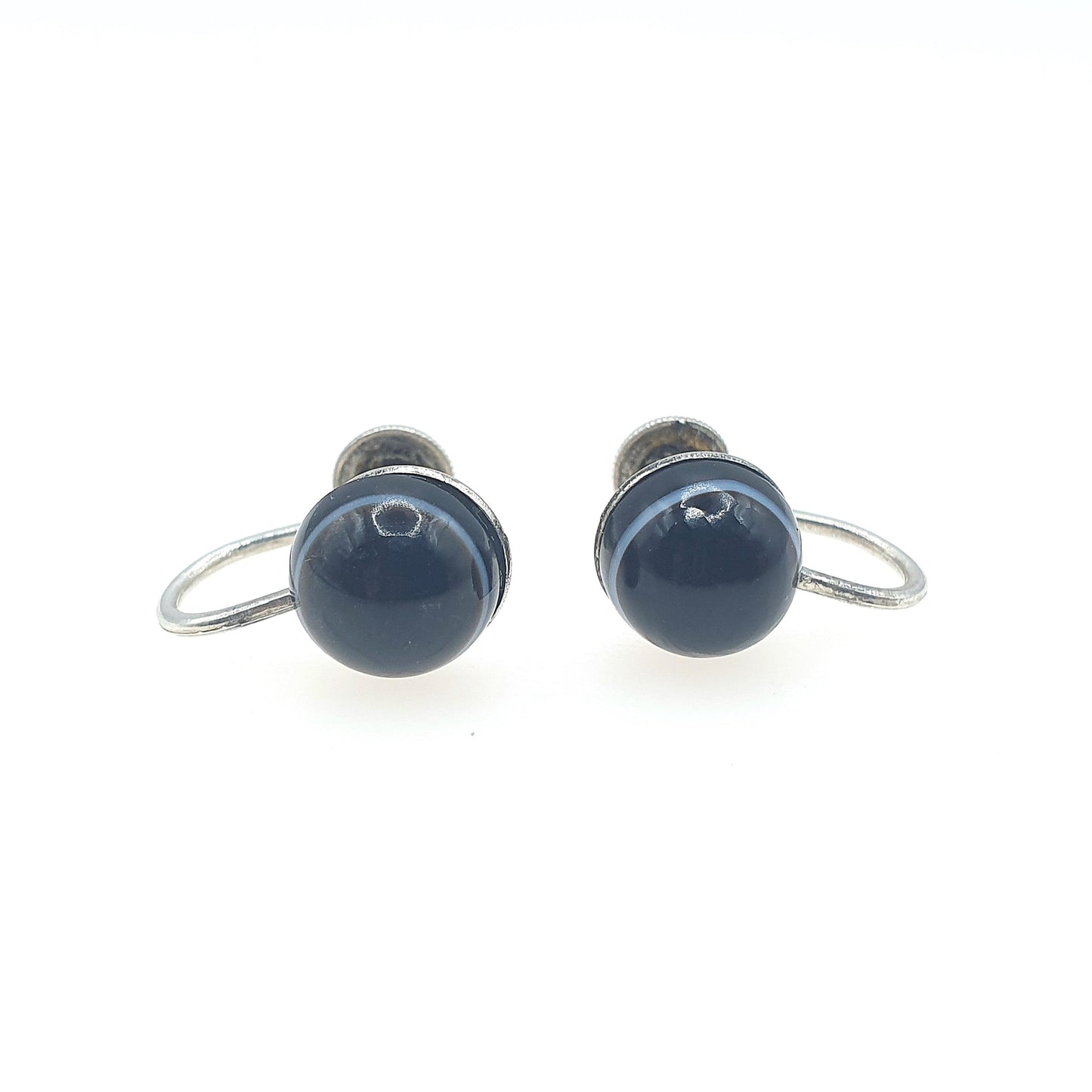 Antique Victorian Solid Silver Bulls Eye Agate Earrings Black Dark Quartz Gemstone Screw Back Small Jewelry Jewellery Unisex Womens