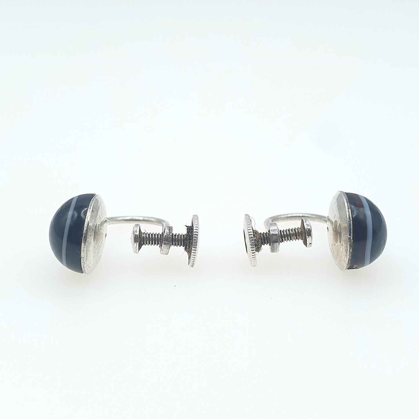 Antique Victorian Solid Silver Bulls Eye Agate Earrings Black Dark Quartz Gemstone Screw Back Small Jewelry Jewellery Unisex Womens