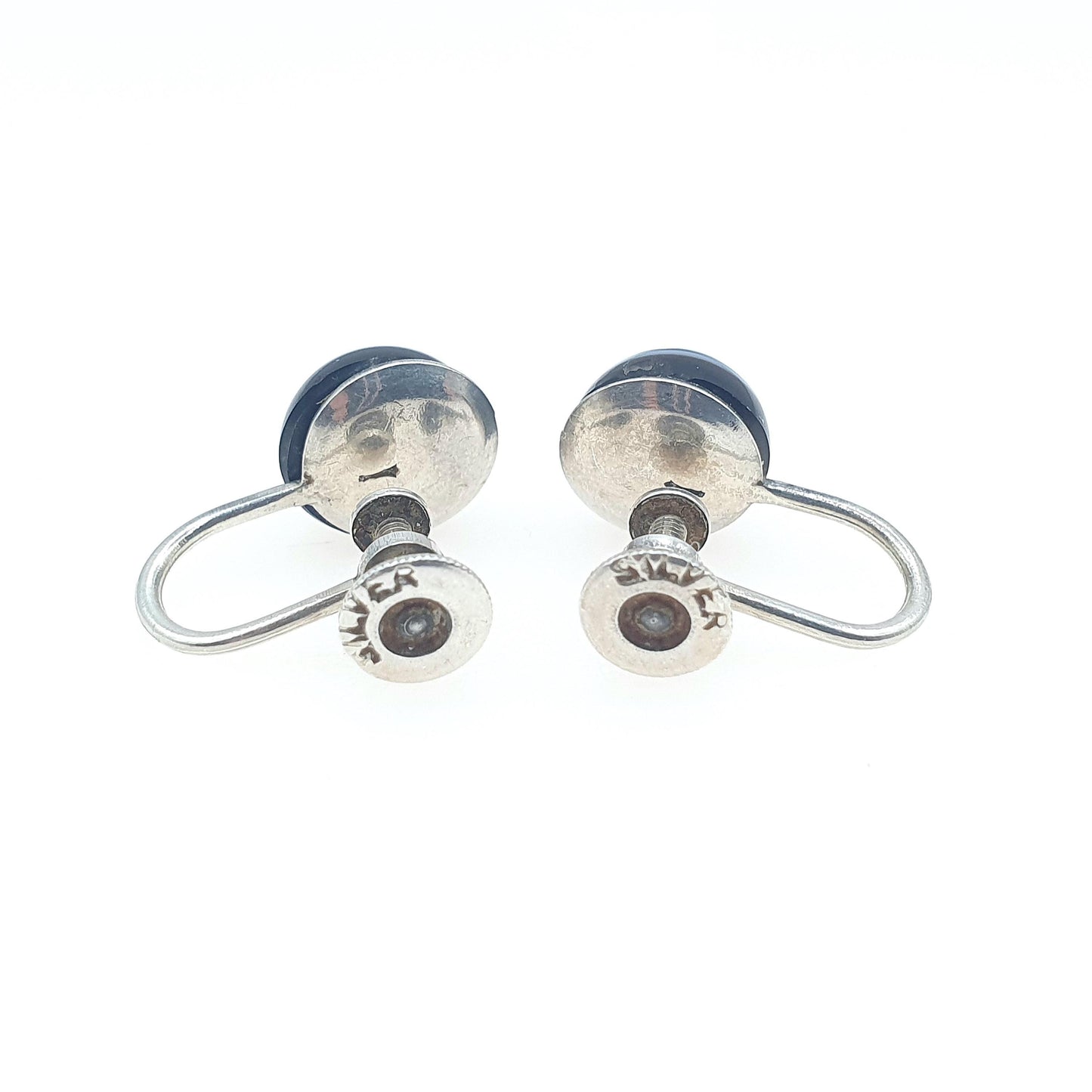 Antique Victorian Solid Silver Bulls Eye Agate Earrings Black Dark Quartz Gemstone Screw Back Small Jewelry Jewellery Unisex Womens