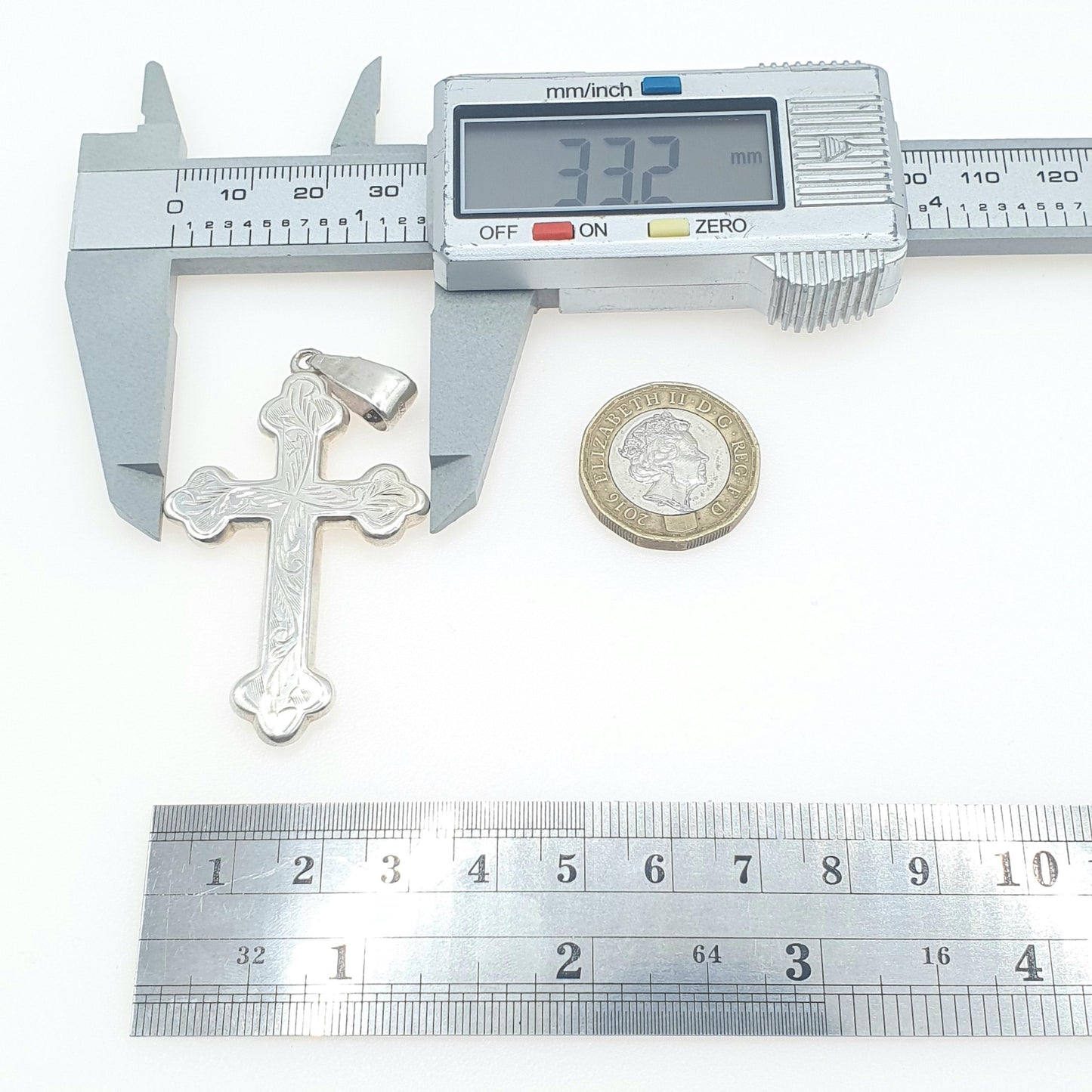Vintage Sterling Silver Crucifix Cross Pendant Necklace Large Bulbed Engraved Cruciform Christian Womens Mens Unisex Jewelry Jewellery