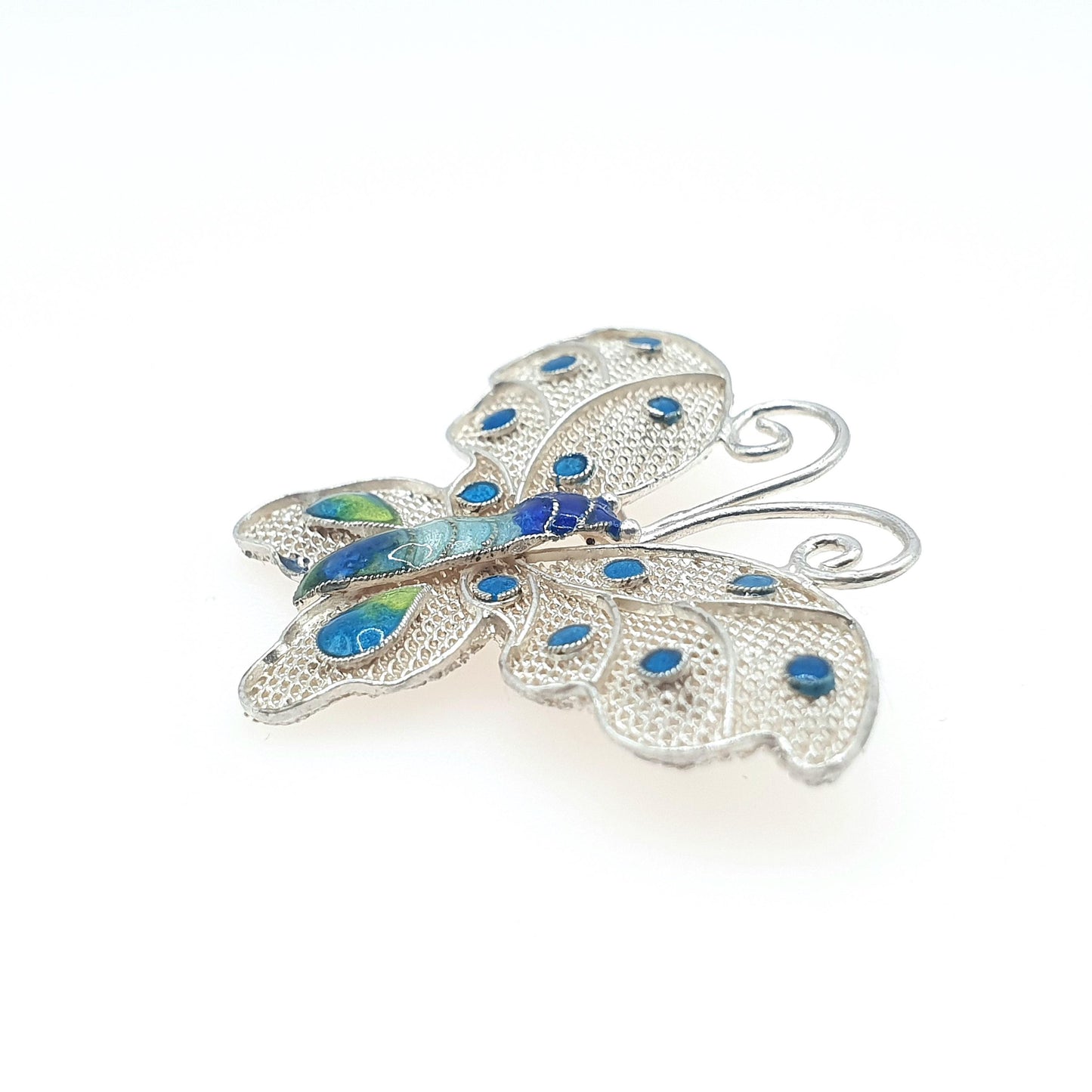 Vintage Solid Silver Enamel Butterfly Brooch Chinese Export Handmade Insect Bug Womens Unisex Jewelry Jewellery