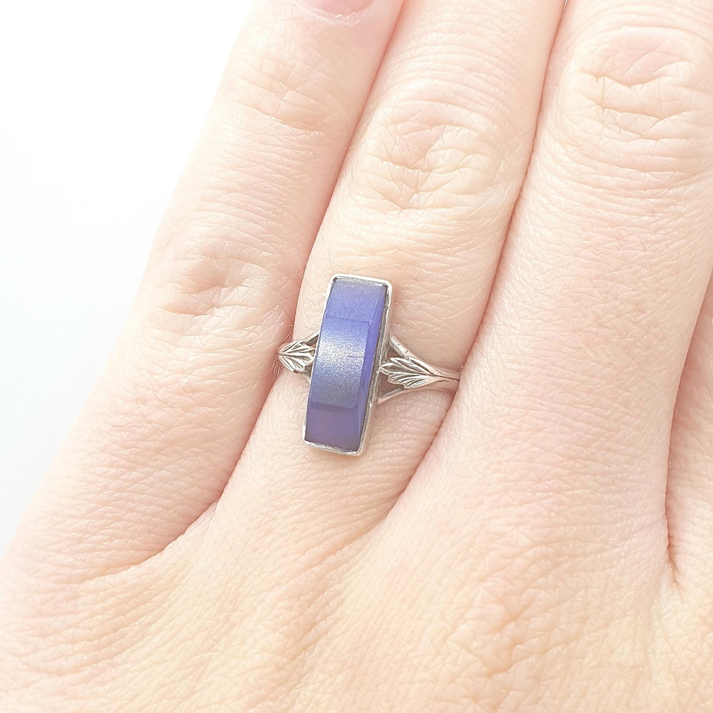 Antique Solid Silver Blue Chalcedony Ring Leaf Shoulder Blue Quartz Gemstone Rectangular Cut Unisex Womens Jewellery Jewelry