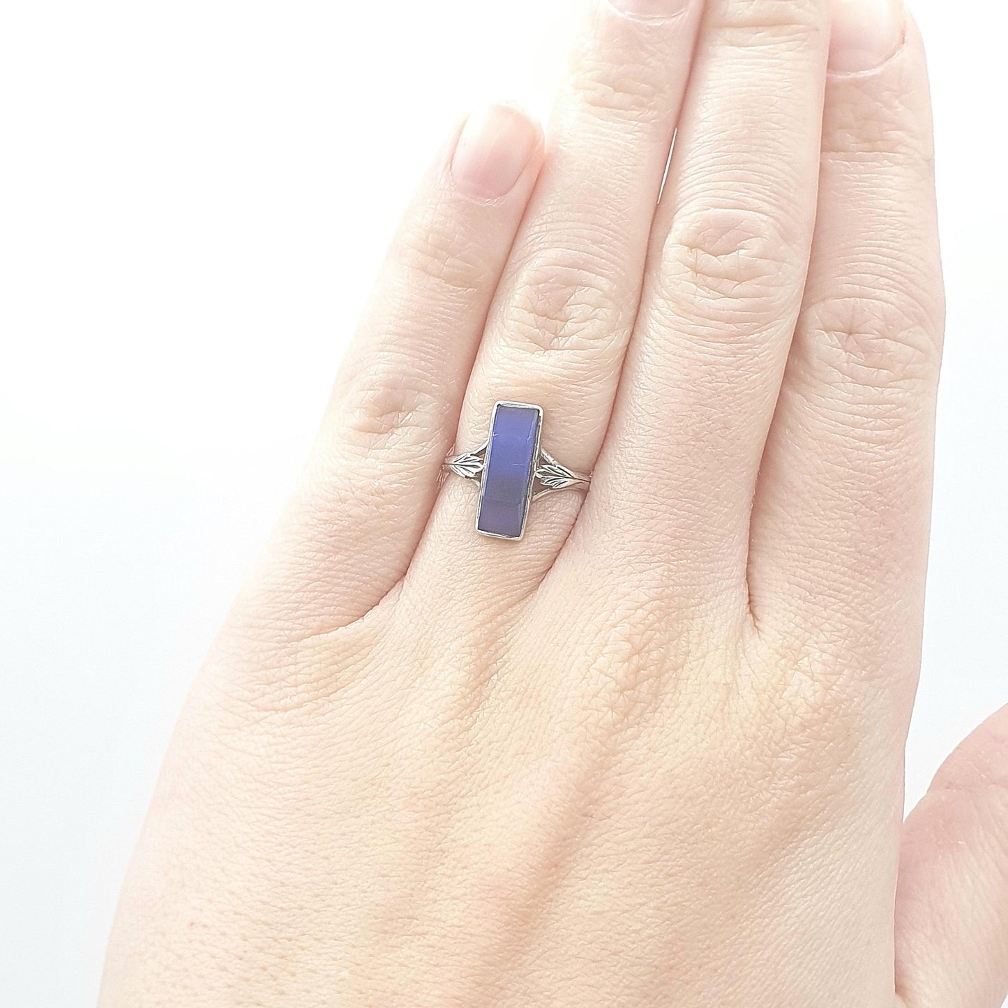 Antique Solid Silver Blue Chalcedony Ring Leaf Shoulder Blue Quartz Gemstone Rectangular Cut Unisex Womens Jewellery Jewelry