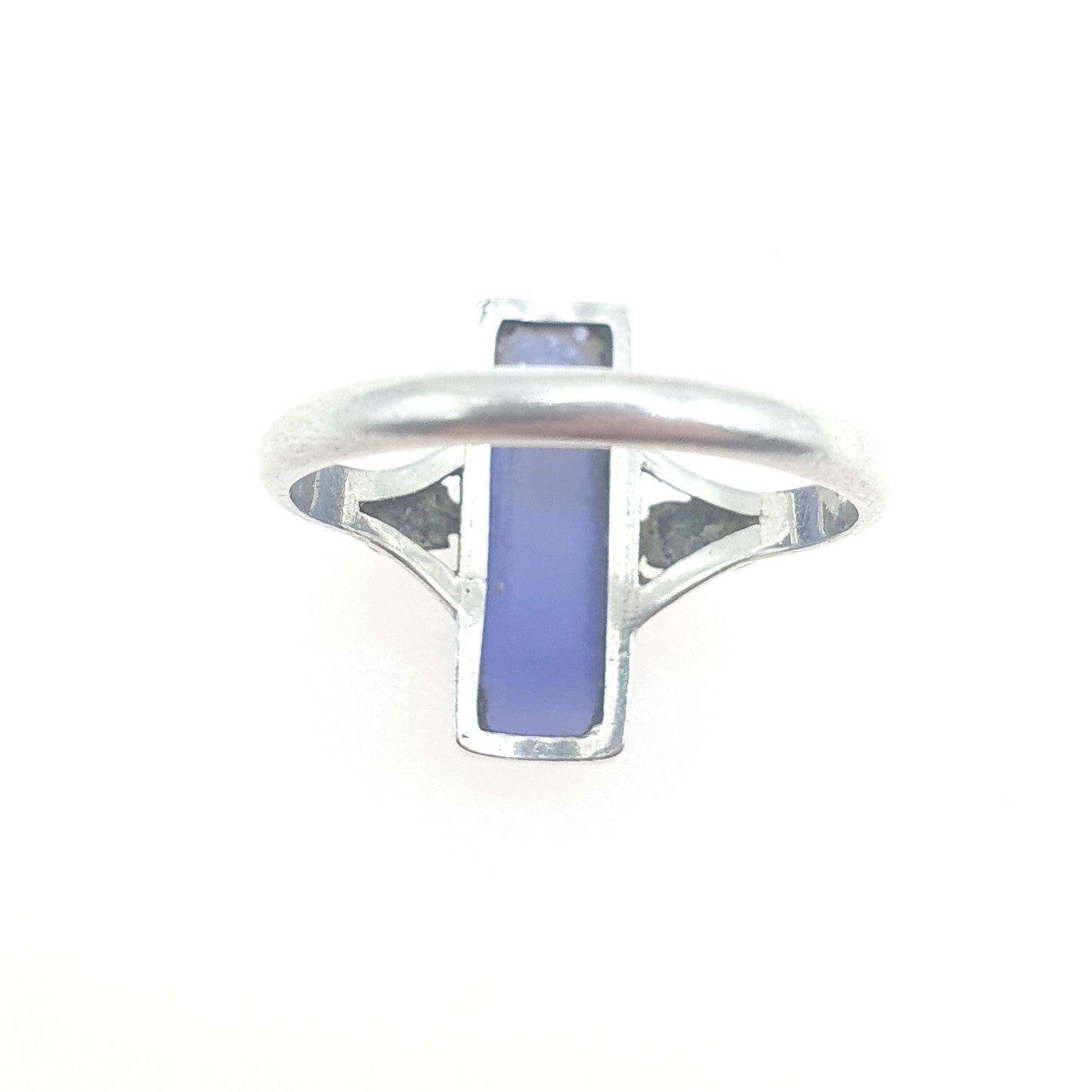 Antique Solid Silver Blue Chalcedony Ring Leaf Shoulder Blue Quartz Gemstone Rectangular Cut Unisex Womens Jewellery Jewelry