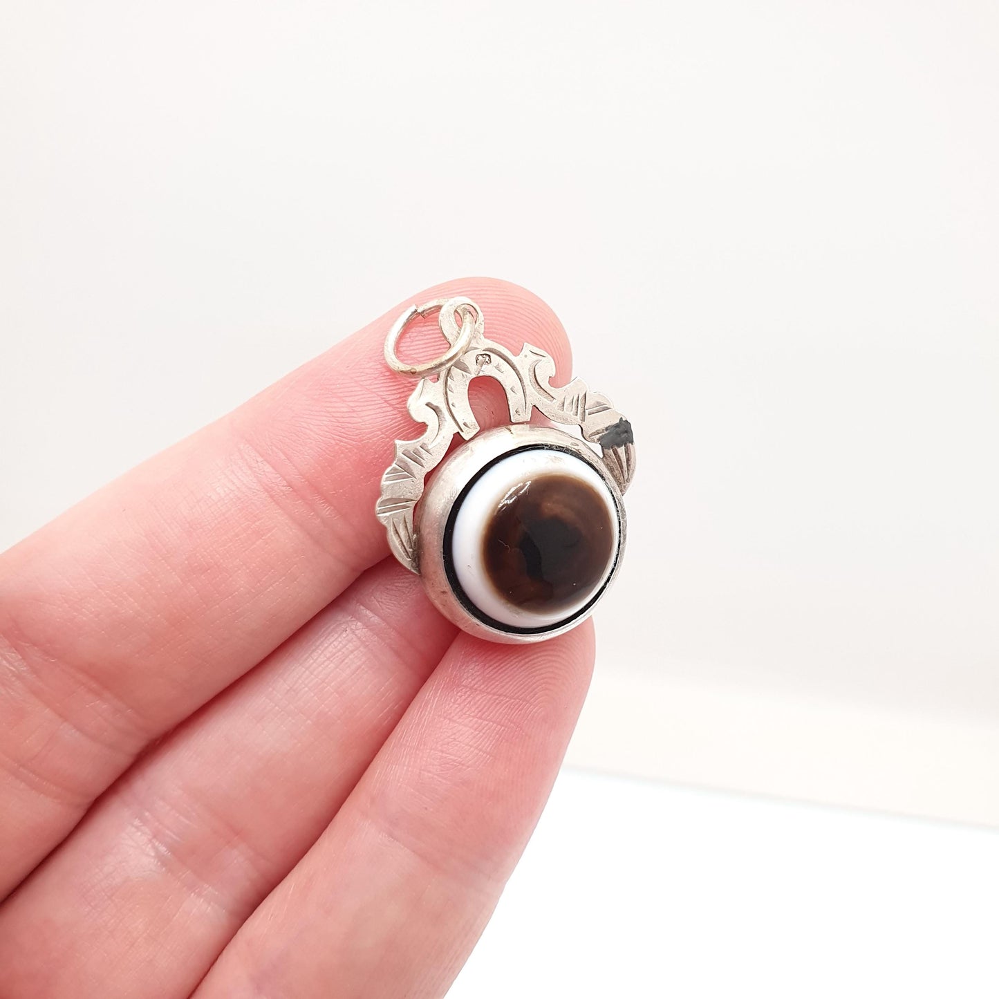 Antique Bullseye Agate Sterling Silver Pendant Necklace Fob Carnelian Womens Jewellery Jewelry Quartz Gemstone