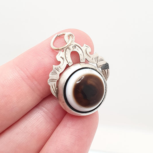 Antique Bullseye Agate Sterling Silver Pendant Necklace Fob Carnelian Womens Jewellery Jewelry Quartz Gemstone
