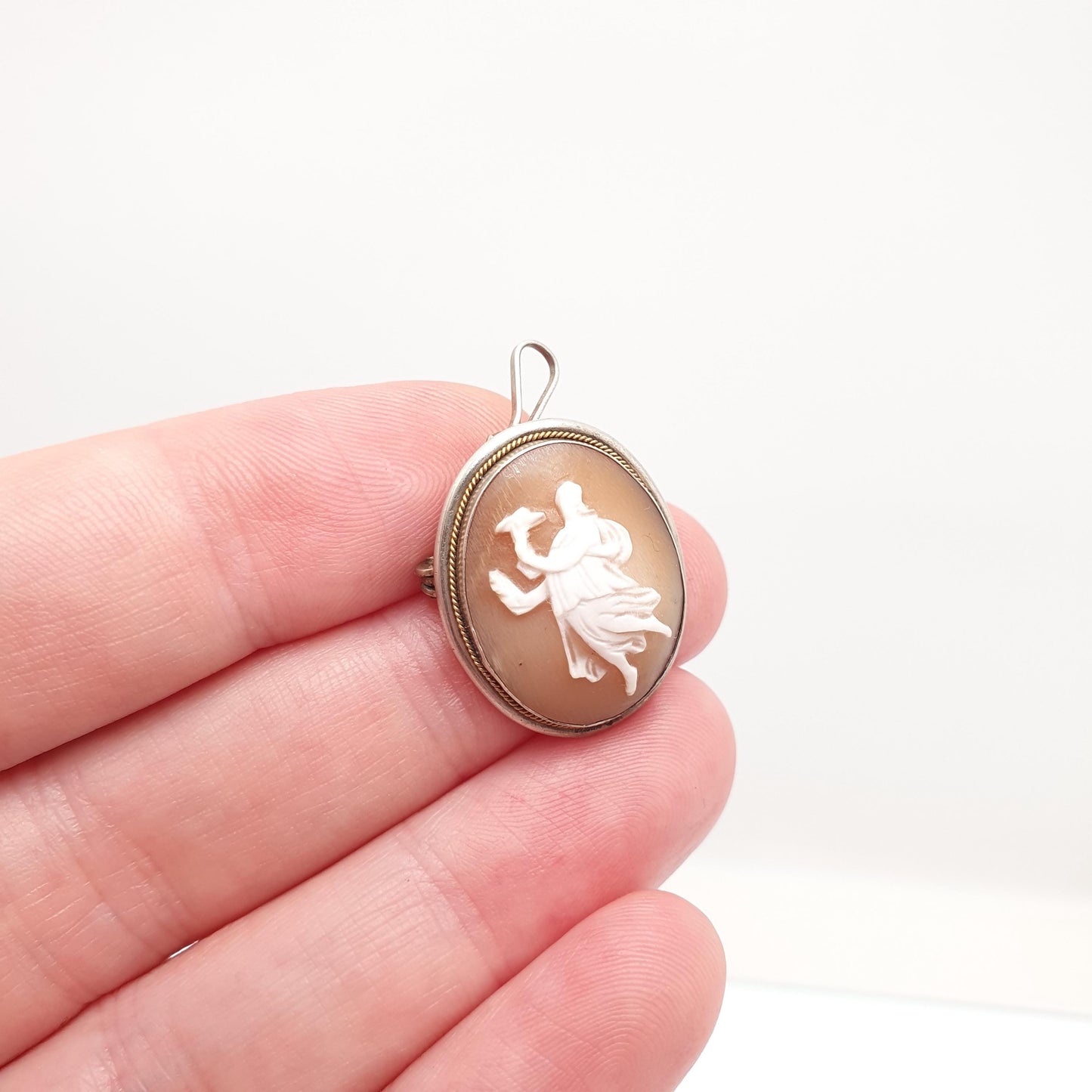 Antique Sterling Silver Grace Cameo Necklace Pendant Brooch Shell Hand Carved Italian Solid 925 Small
