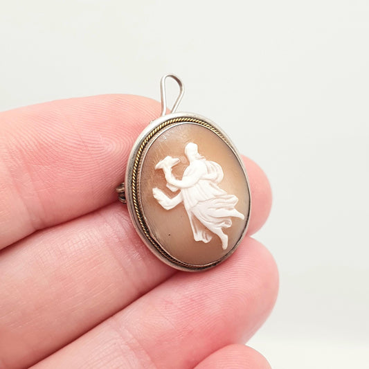 Antique Sterling Silver Grace Cameo Necklace Pendant Brooch Shell Hand Carved Italian Solid 925 Small