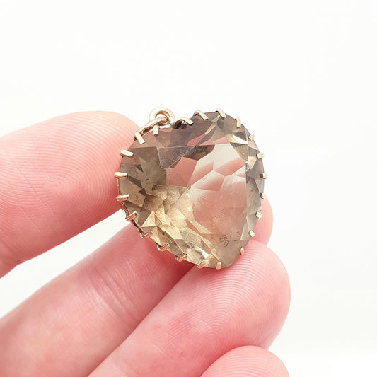 Antique Victorian 9ct 9k Gold Smoky Quartz Heart Pendant Necklace Large Big Gemstone Solid 9kt Vintage