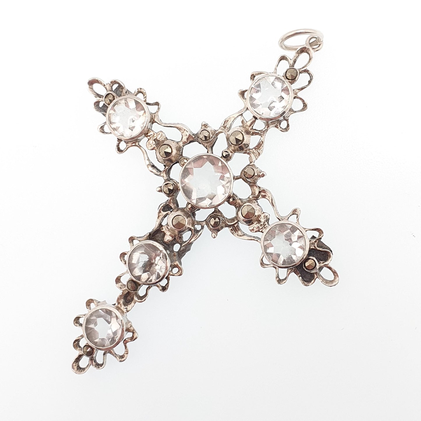 Antique Victorian Solid Silver Rock Crystal Crucifix Necklace Pendant Quartz Gemstone Very Large Big Jewelry Vintage Jewelry