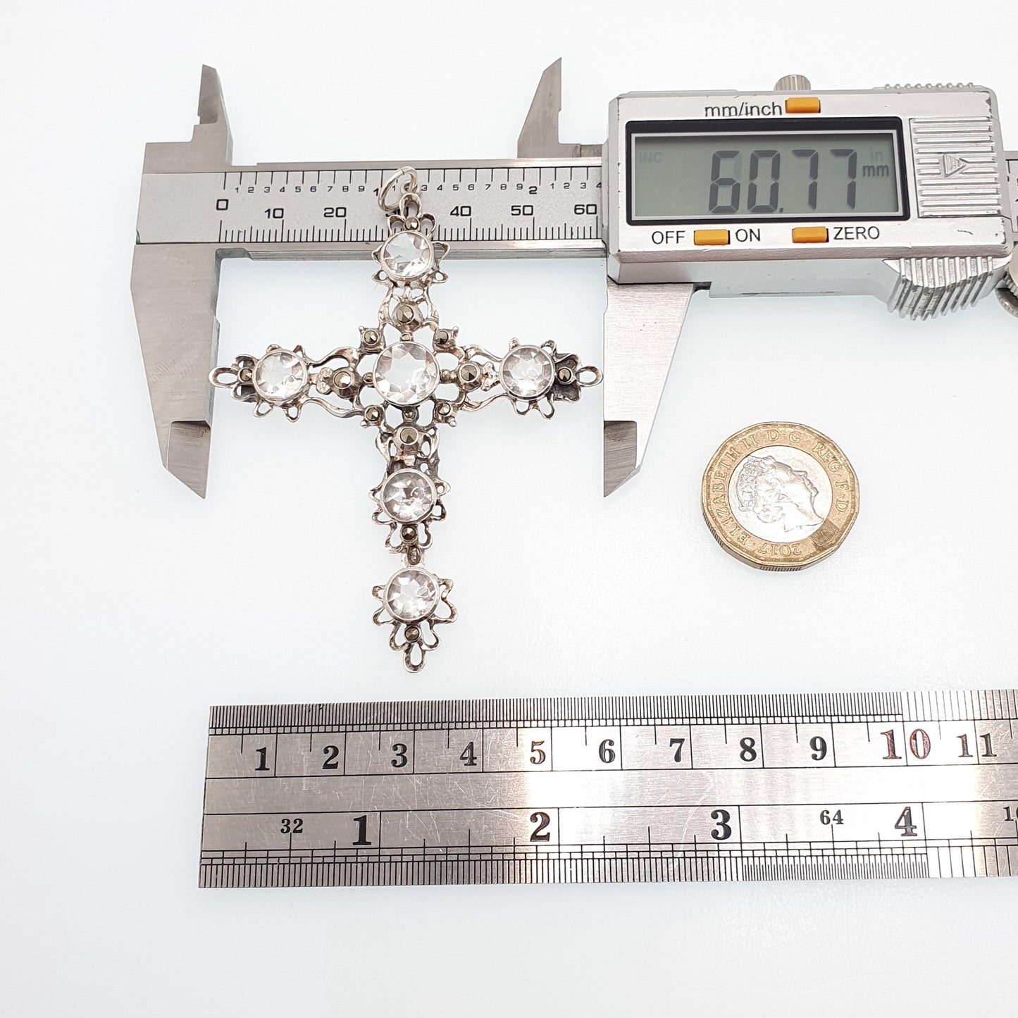 Antique Victorian Solid Silver Rock Crystal Crucifix Necklace Pendant Quartz Gemstone Very Large Big Jewelry Vintage Jewelry
