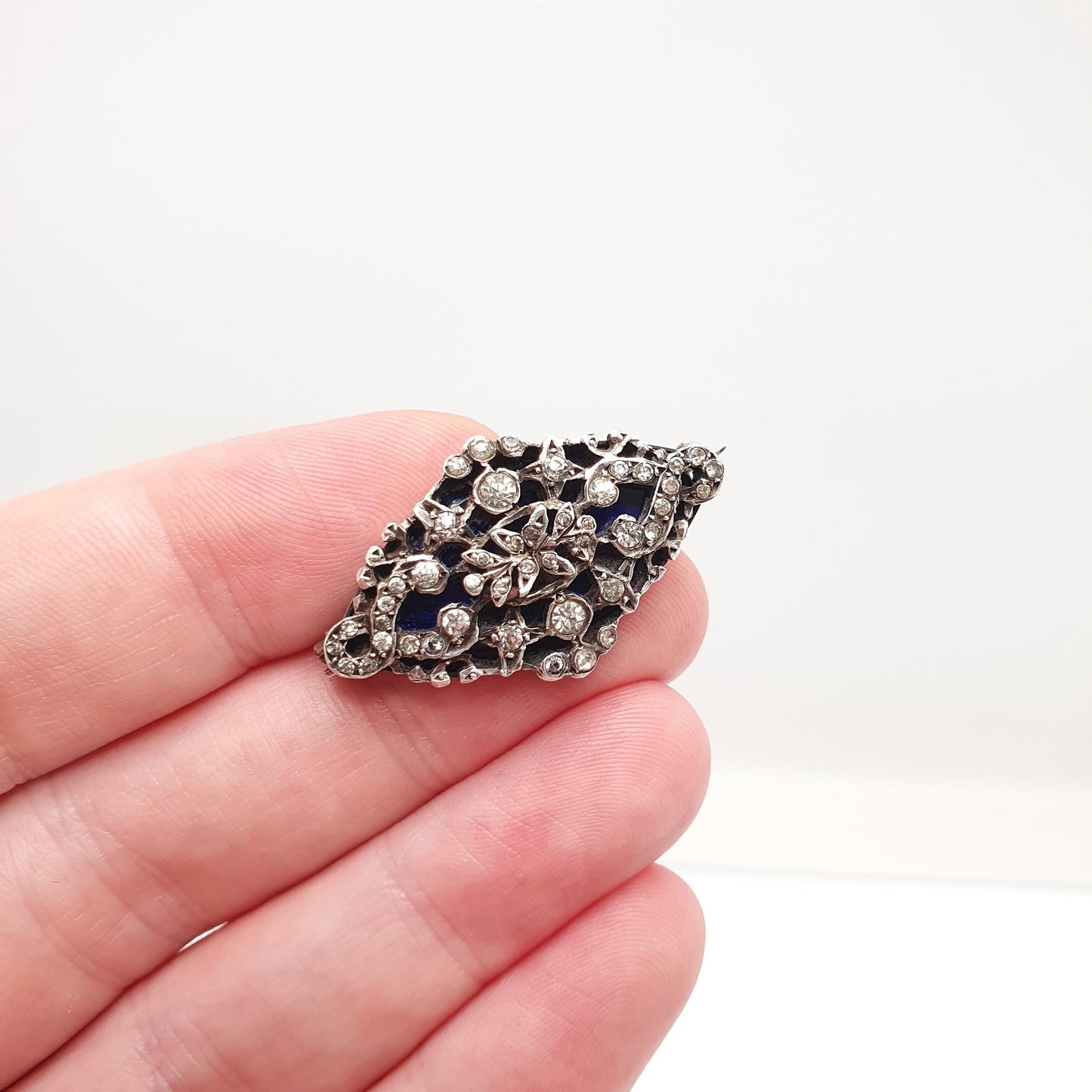 Antique Solid Silver Bristol Blue Glass Diamond Paste Brooch Victorian Georgian Revival Vintage 1800s Jewellery Jewelry