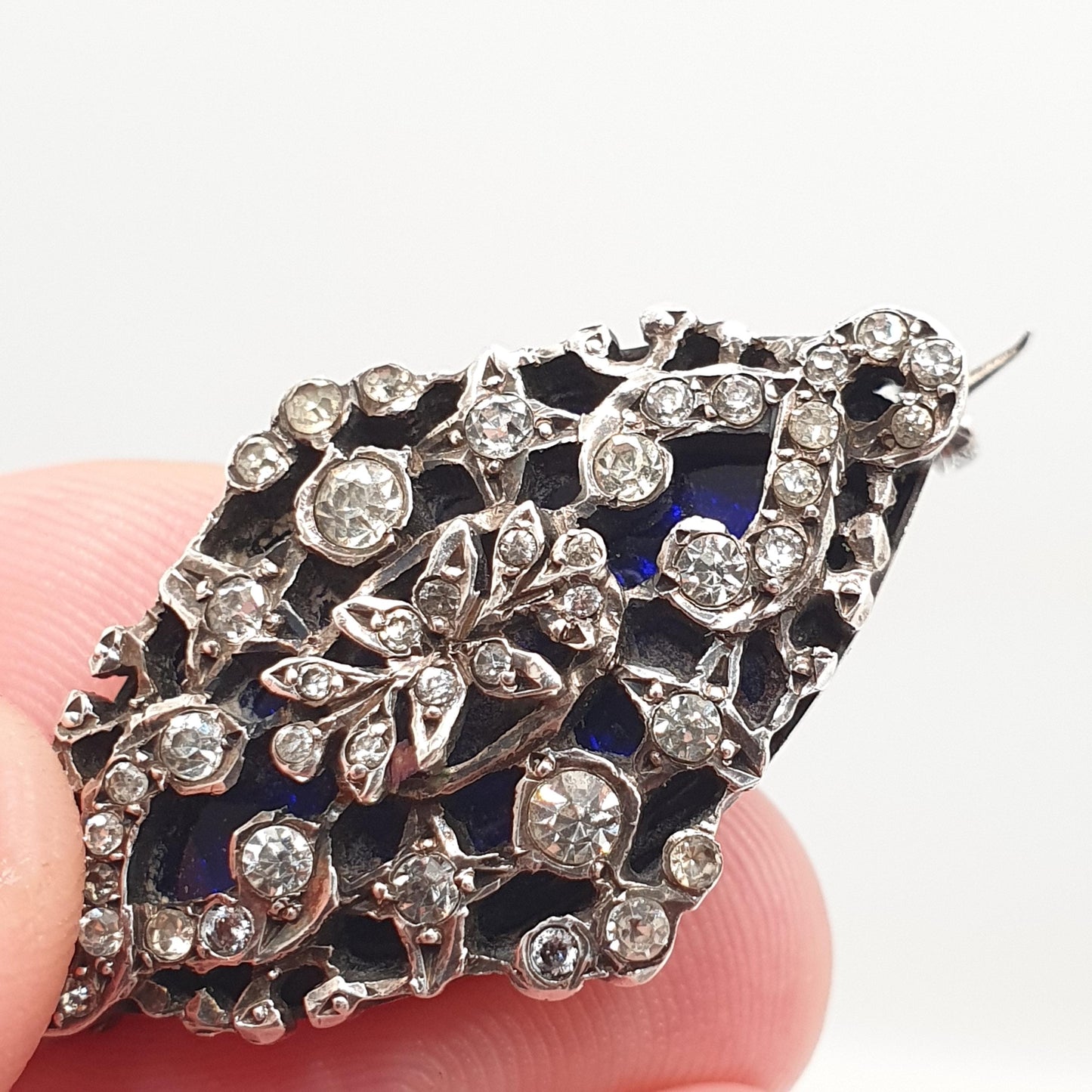 Antique Solid Silver Bristol Blue Glass Diamond Paste Brooch Victorian Georgian Revival Vintage 1800s Jewellery Jewelry