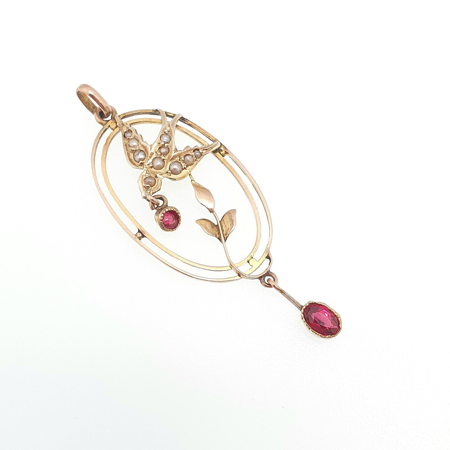 Antique 9ct Gold Bird Pendant Garnet Seed Pearl Necklace Solid 9k 375 Edwardian Swallow Vintage Womens Jewellery Jewelry