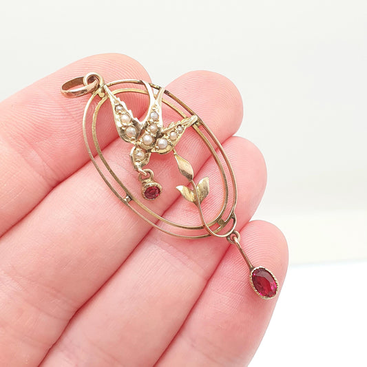 Antique 9ct Gold Bird Pendant Garnet Seed Pearl Necklace Solid 9k 375 Edwardian Swallow Vintage Womens Jewellery Jewelry