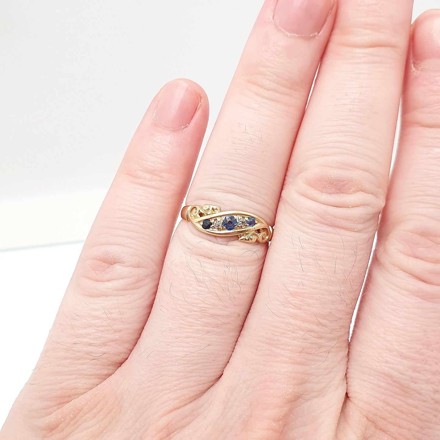 Antique 18ct Gold Sapphire & Diamond Ring Solid 18k 750 1905 Hallmark Five Gemstone Edwardian Vintage Jewelry Jewellery